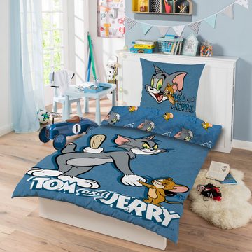 Bettwäsche Tom und Jerry Blau, SkyBrands, Renforcé, 2 teilig, Comicfiguren, Zeichentrick, Katze, Maus