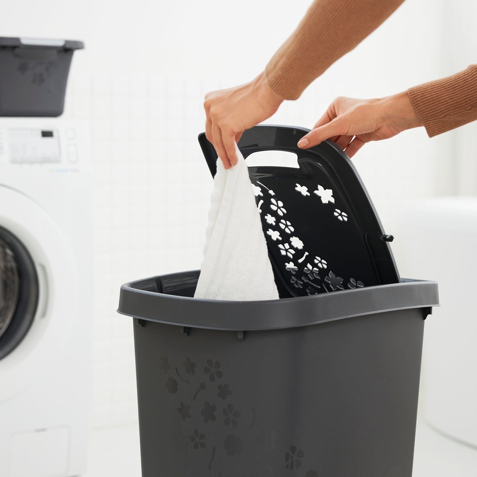 ROTHO Wäschekorb Flowers 2er-Set Wäschesammler 55l mit Deckel, Kunststoff ( günstig online kaufen