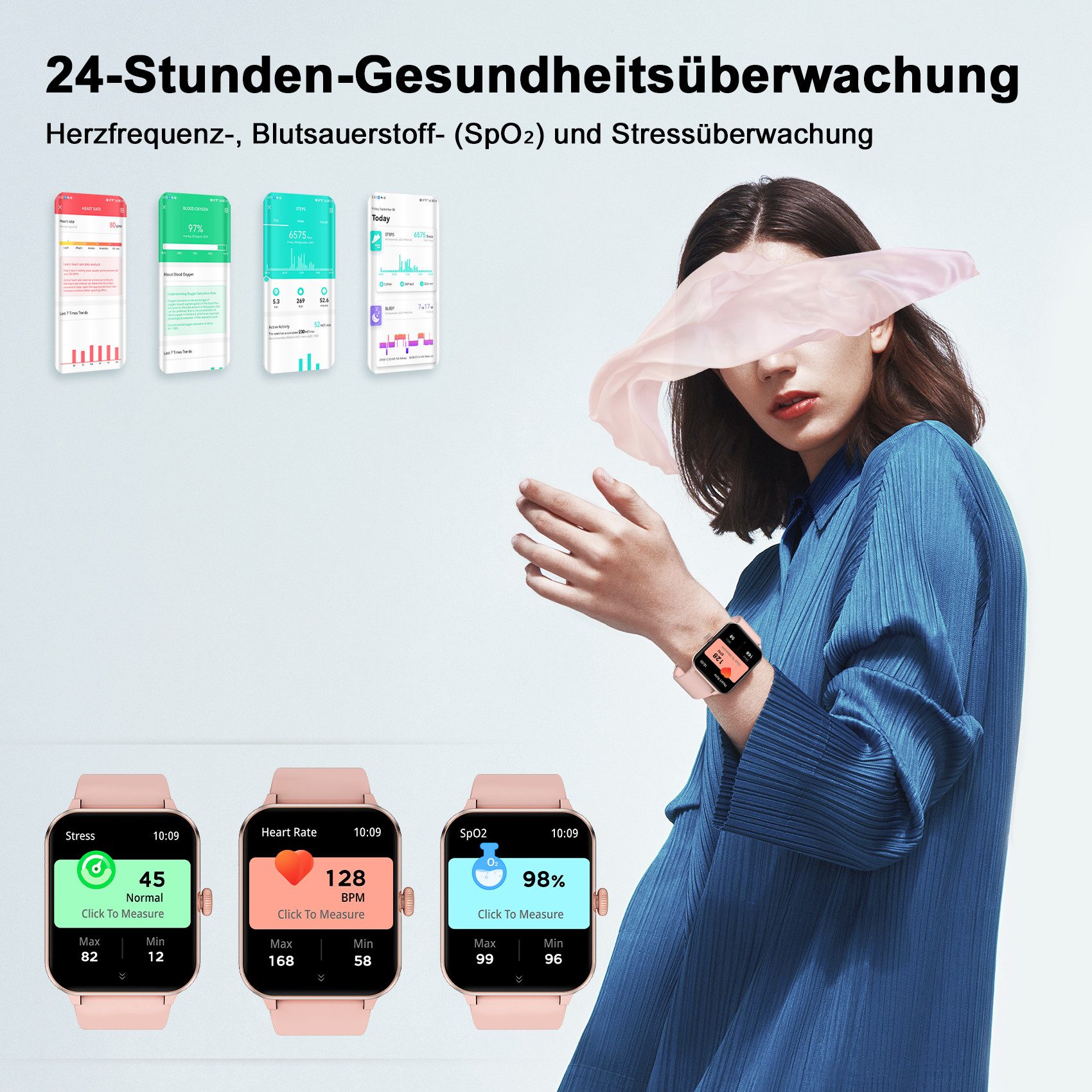 blackview Smartwatch Damen Herren mit 5 Tagen Akkulaufzeit,1,85" HD Touchscreen Smartwatch (1.85 Zoll, iOS/Android), mit Wechselband aus weichemSilikon und Ladekabel, KI-Sprachassistent, Herzfrequenz,SpO₂,Schlaf,100+ Sportmodi, 2 Armband