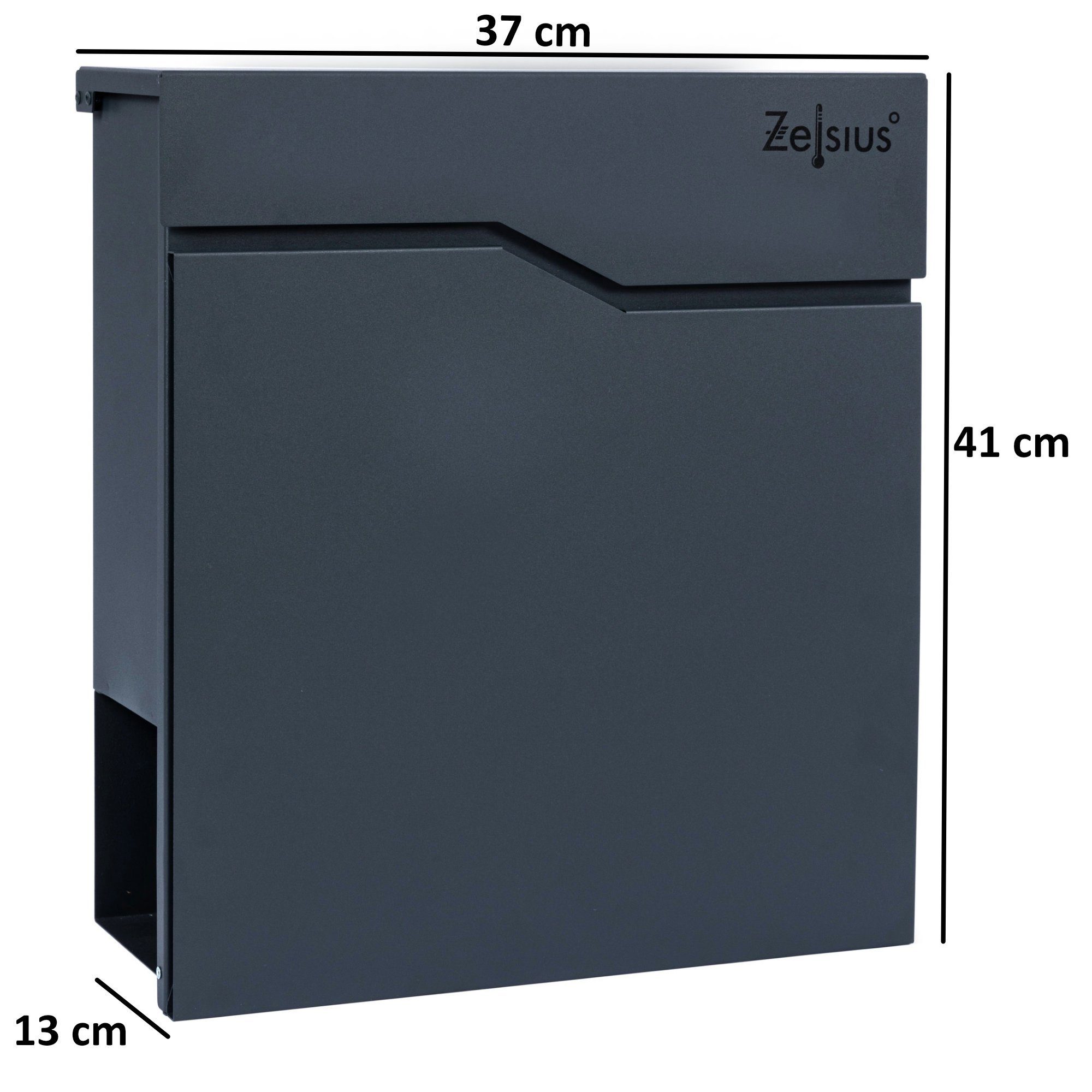 Zelsius Wandbriefkasten Briefkasten Wave mit Zeitungsfach, RAL7016 Anthrazit, Wandmontage, Integrierter Soft-Close Mechanismus, Absenkautomatik