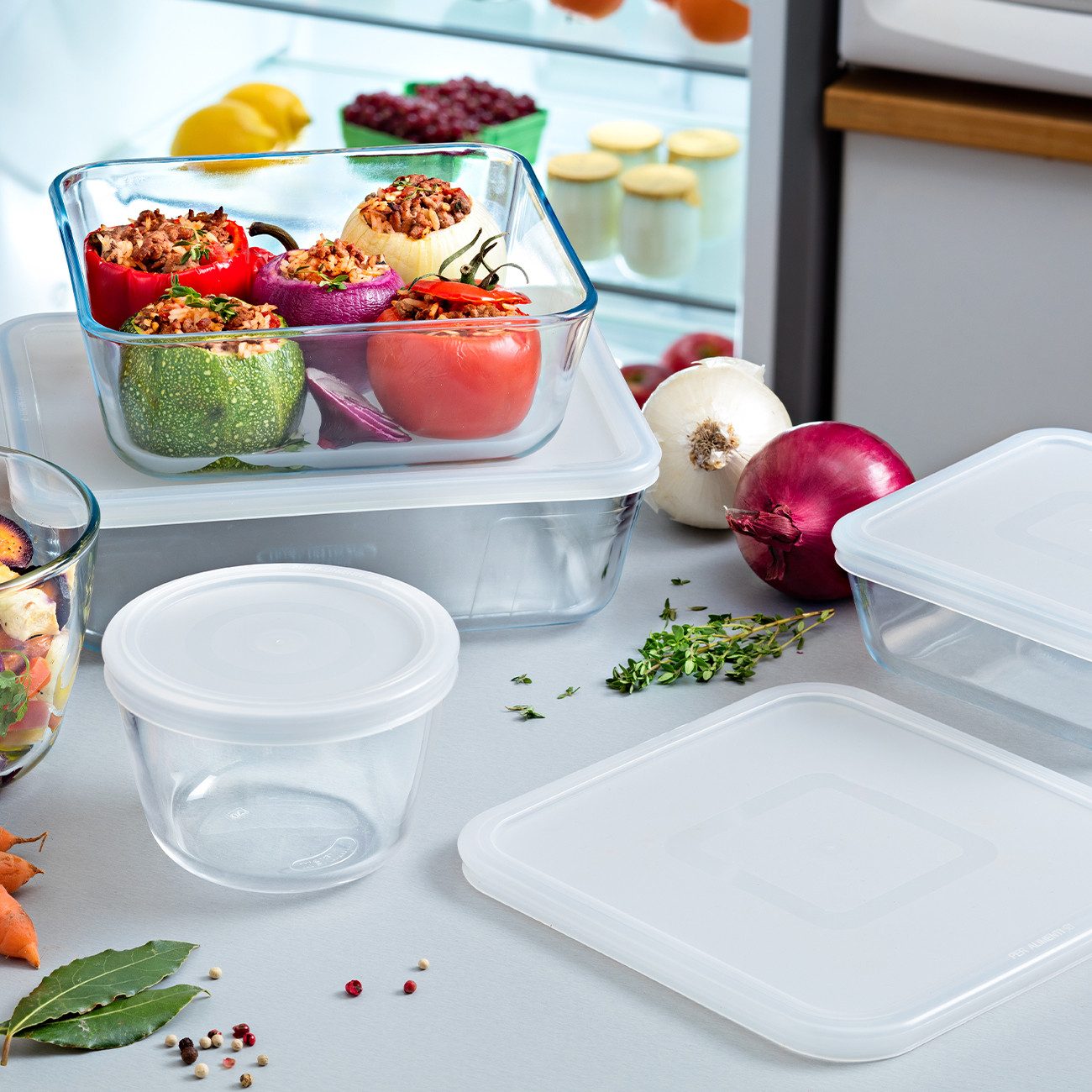 PYREX Frischhaltedose Cook & Freeze, Borosilikatglas, (Frischhaltedosen-Set, 8-tlg., rund, quadratisch & rechteckig, 0,6–4 l), luftdicht, mikrowellengeeignet, gefriergeeignet, Made in France