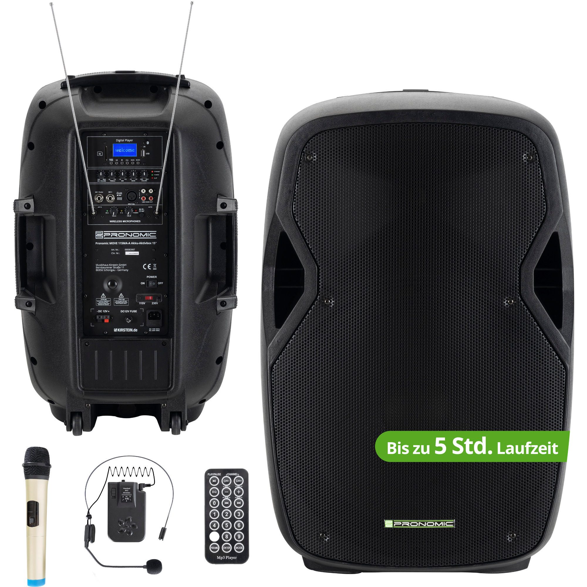 Pronomic MOVE 15MA-A Akku-Aktivbox - Mobile Soundanalage mit 15"-Woofer Lautsprecher (Bluetooth-Schnittstelle, 30 W, TWS Funktion inkl. Funkmikrofon & Headset)