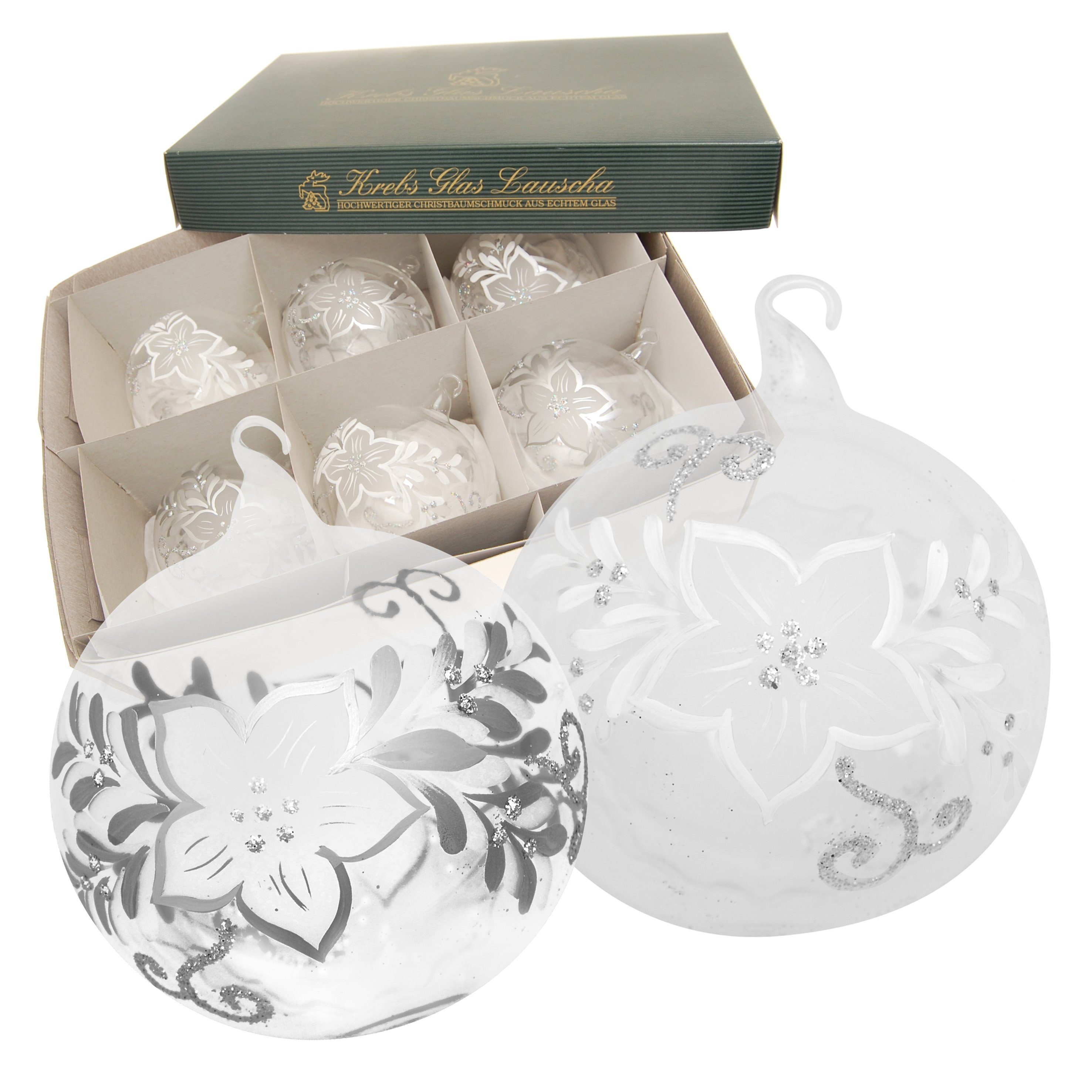 Krebs Glas Lauscha Weihnachtsbaumkugel Weihnachtskugeln Frostige Blume Silberfarbig 8cm (6 St), Glas