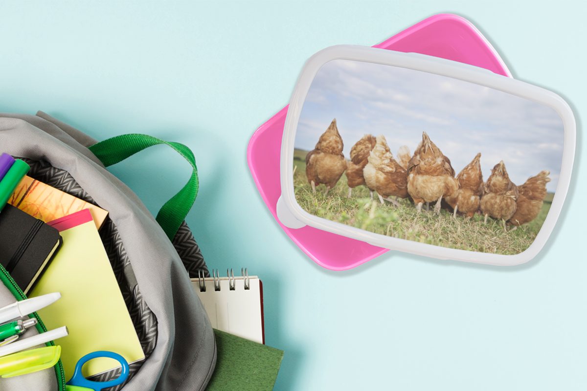 MuchoWow Lunchbox Hühner auf rosa dem Feld, Snackbox, Mädchen, Brotbox Kinder, für Kunststoff Kunststoff, (2-tlg), Erwachsene, Brotdose