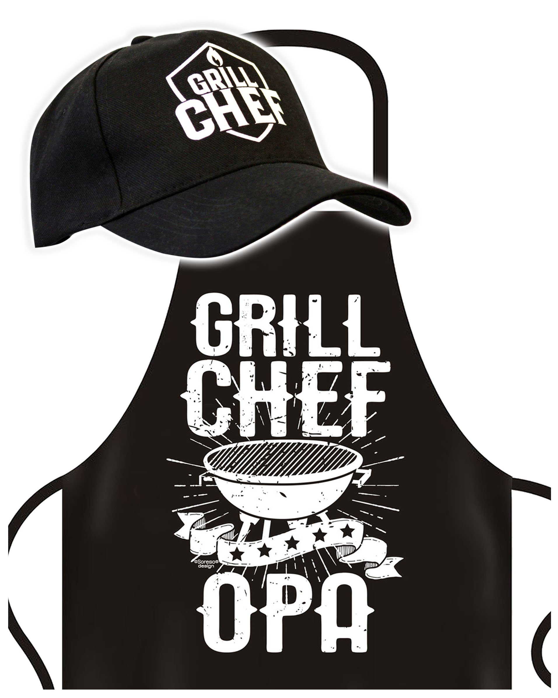 Soreso® Grillschürze Geburtstag Geschenk Kochschürze plus Base Cap für Männer - Vater - Vatertags-geschenk Weihnachtsgeschenk, (Spar-set, Grillset bestehend aus Grillschürze und Baseball-Cap), Robust & Elegant, Edel und mit Liebe verarbeitet