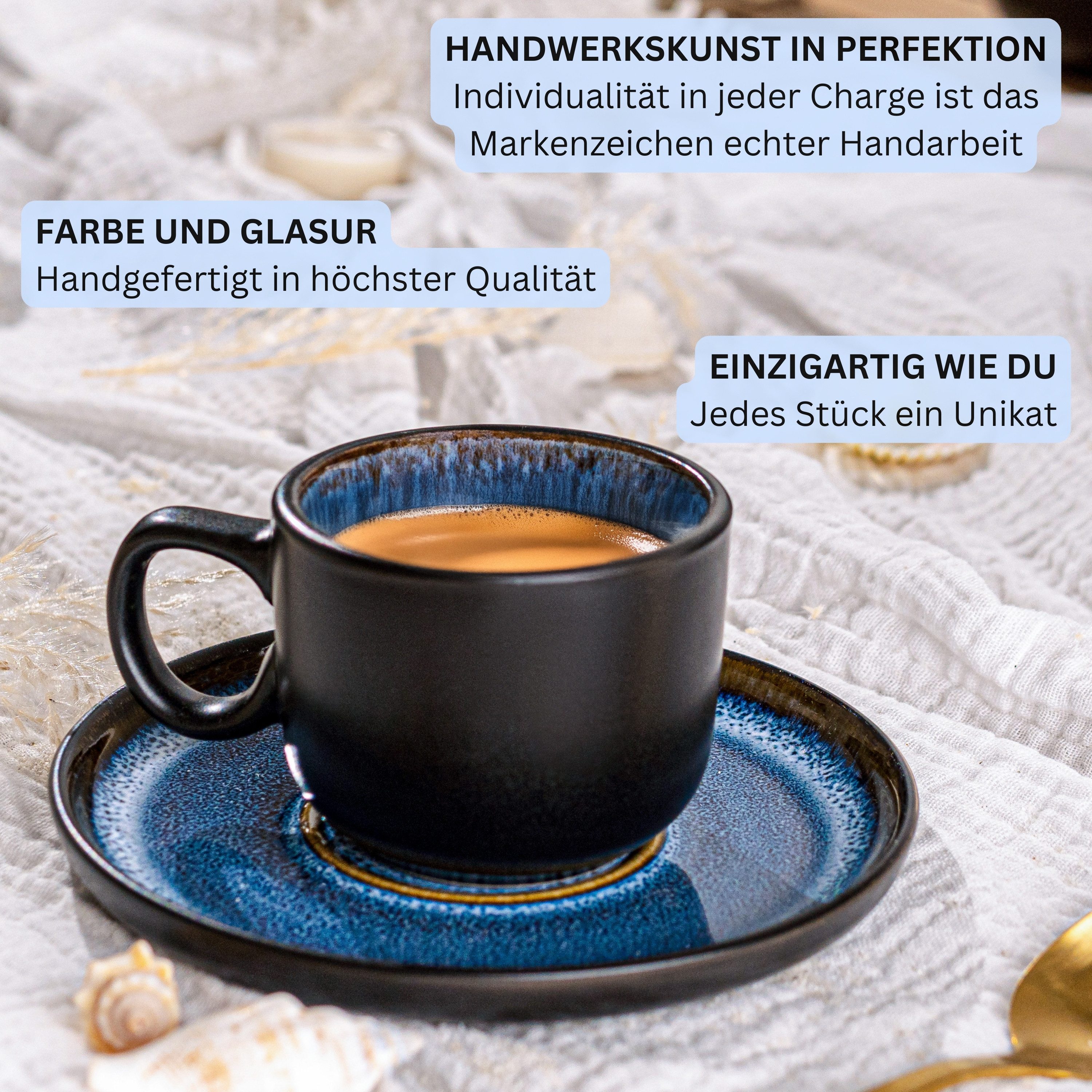 SÄNGER Espressotasse Aruba 12 tlg., 8-tlg., Steingut, Blau-Schwarz, Handmade, Erweiterbar, VALUE COLLECTION