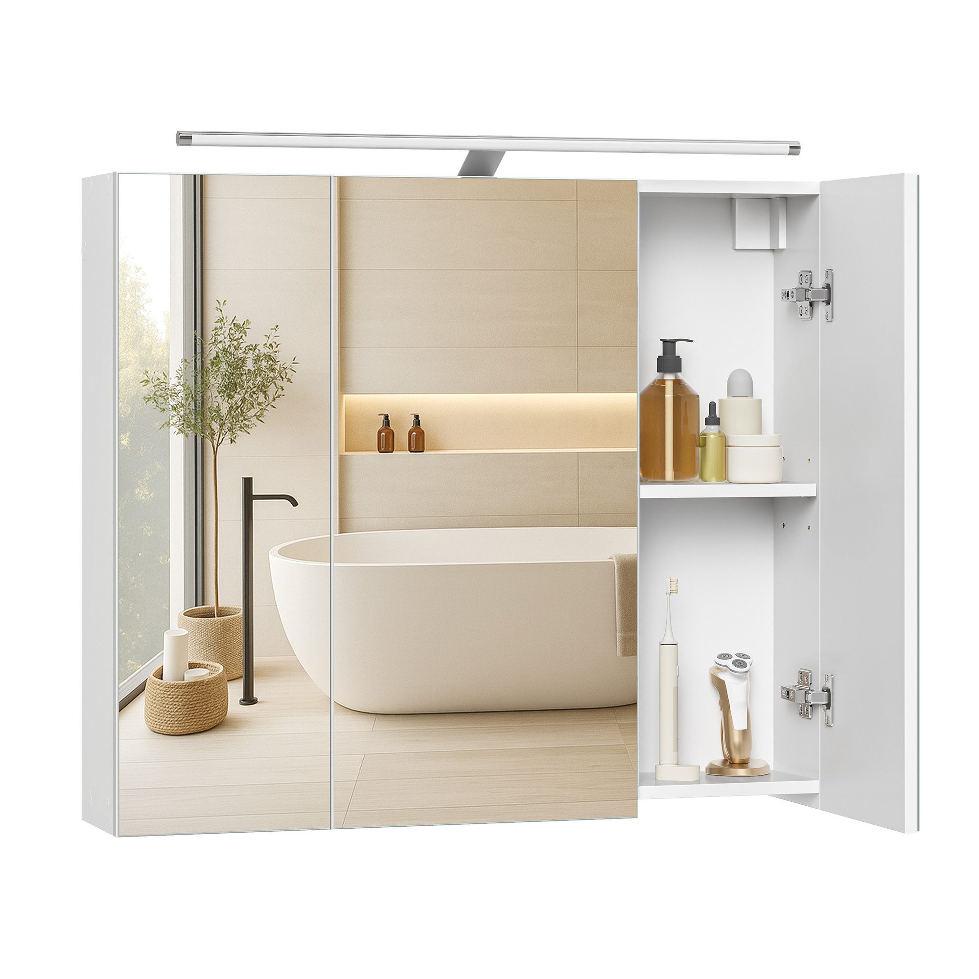 VASAGLE Spiegelschrank Hängeschrank mit verstellbaren Ablagen Beleuchtung, 3 Türen, modern, 15 x 70 x 60 cm, weiß