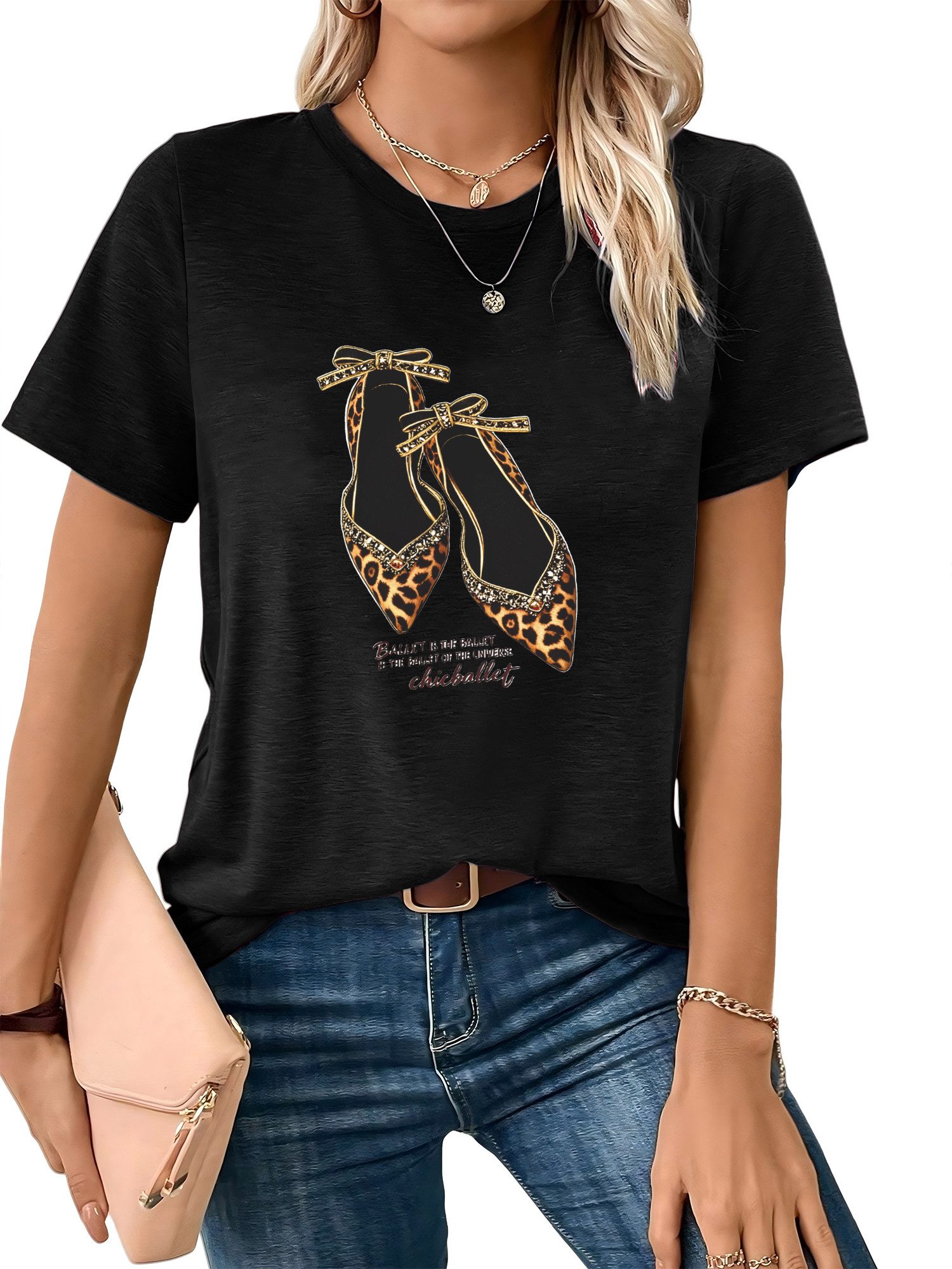 PYLIKE Kurzarmshirt Damen Sommer bequemes t shirt mit Leopardenmuster Print günstig online kaufen