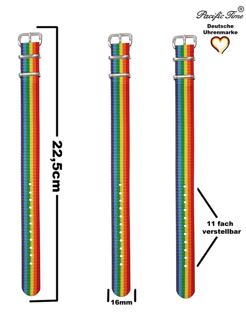 Nylon Regenbogen Pacific Textil Time Versand Wechselarmband Uhrenarmband 16mm, Gratis