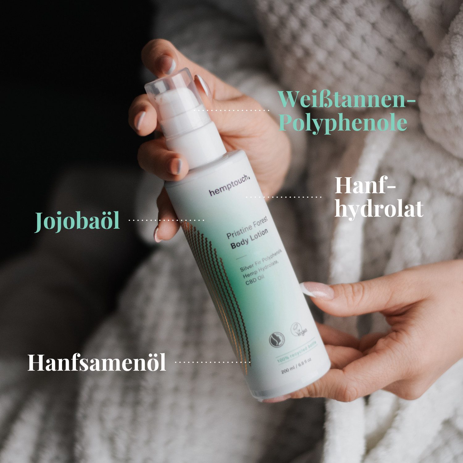 Hemptouch Bodylotion Pristine Forest mit Hanföl, Jojobaöl und Sheabutter lindert das Gefühl von Juckreiz und Spannungsgefühle