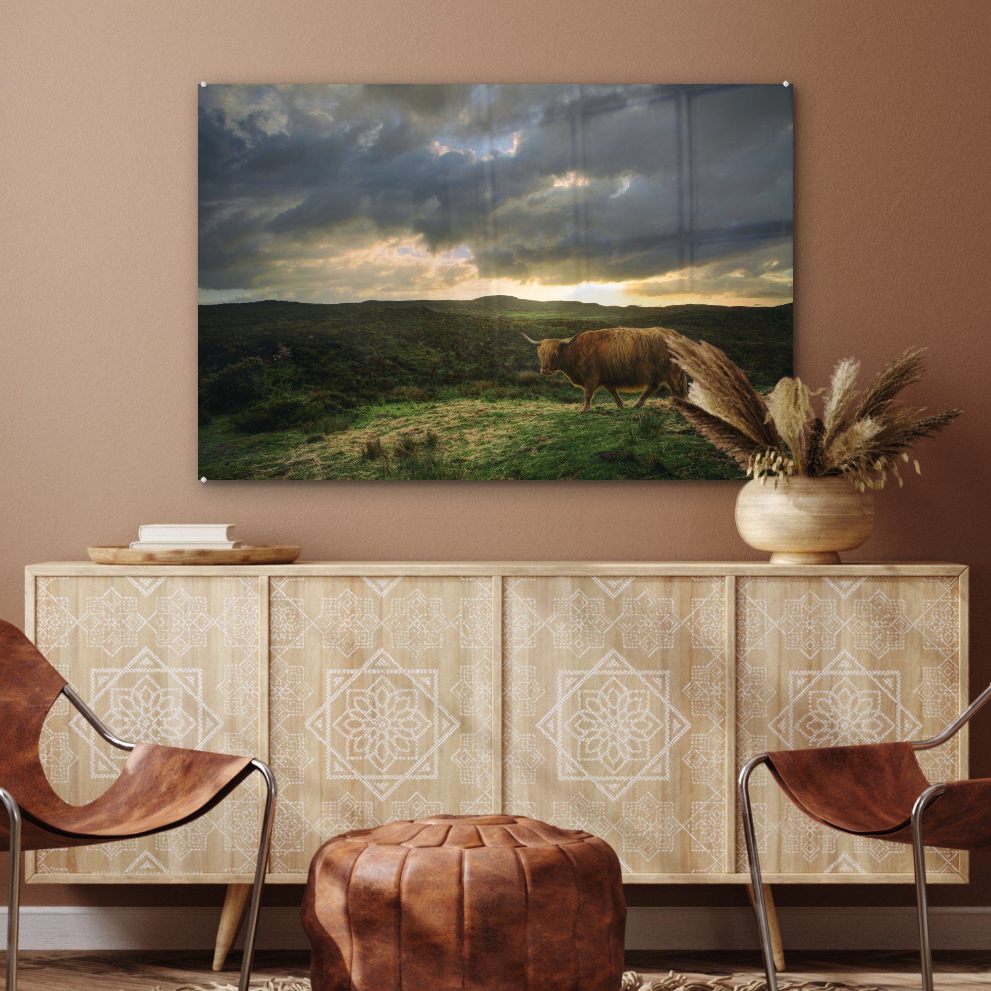 MuchoWow Acrylglasbild Schottischer Hochländer - Landschaft (1 St), Kuh, Schlafzimmer Wohnzimmer & Acrylglasbilder 