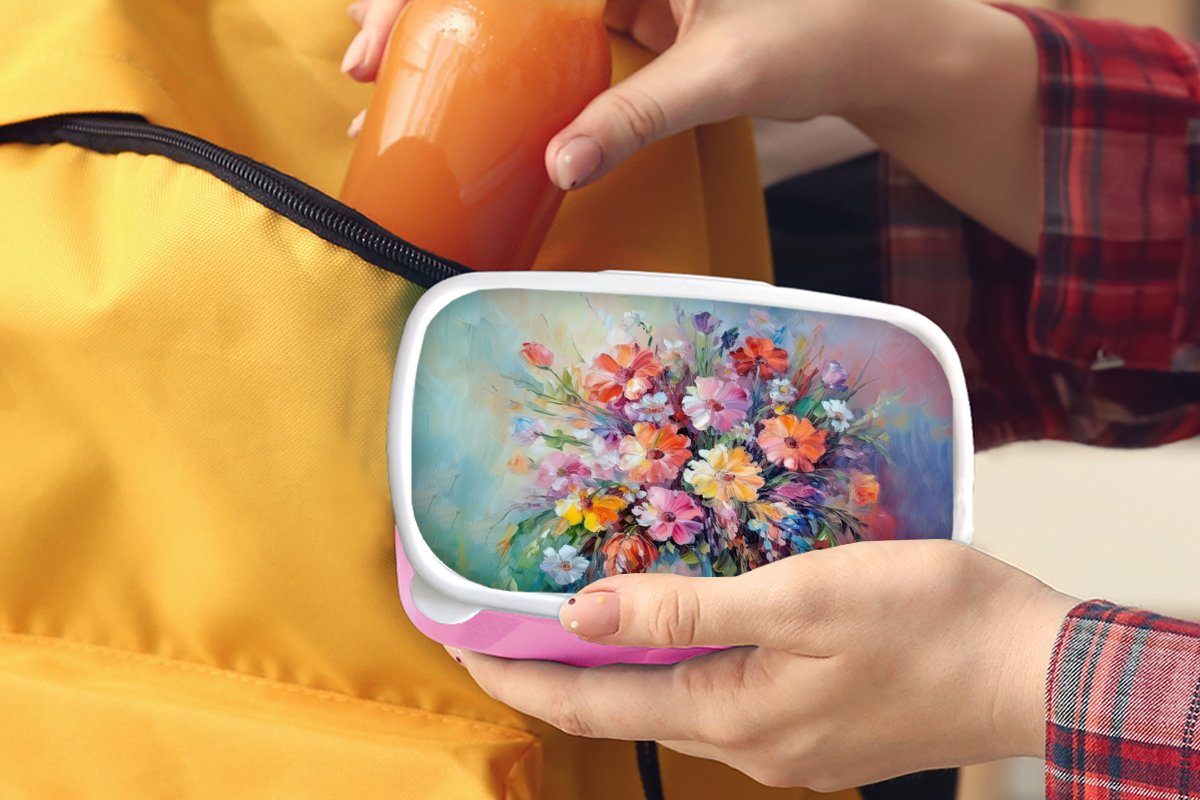 Kunst Kunststoff - Brotbox Frühling rosa Brotdose - MuchoWow Blumenstrauß, Lunchbox Snackbox, Mädchen, - Erwachsene, Kunststoff, Malerei Kinder, (2-tlg), Blumen für -