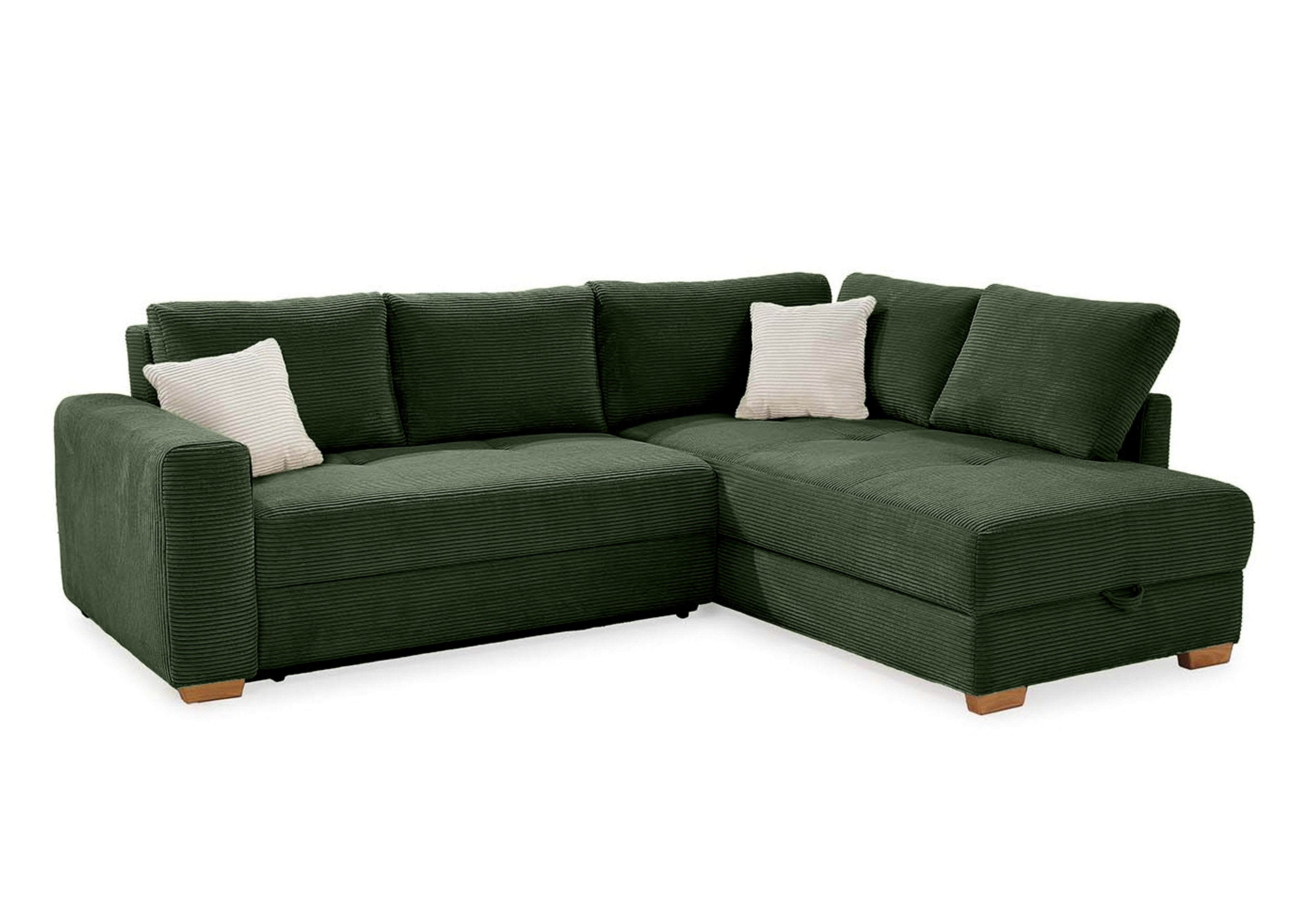 luma-home Ecksofa 15213, Dauerschläfer B257/T206/H85 cm mit Bettkasten und separatem Topper, Boxspringpolsterung, Ottomane links oder rechts, Cord Grün