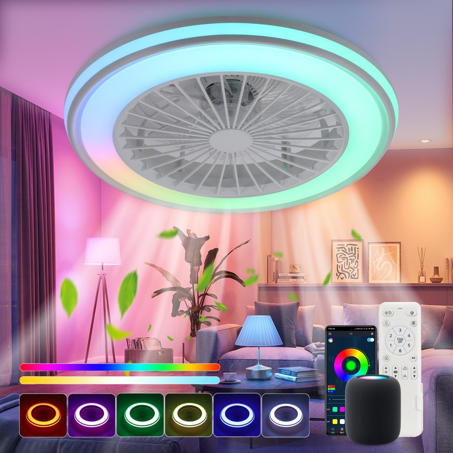 WILGOON Deckenleuchte Deckenventilator mit Beleuchtung, Music RGB Dimmbar mit Fernbedienung, Luftzirkulationsfunktion, LED fest integriert, Warmweiß, Neutralweiß, Kaltweiß, RGB Farbwechsel, Schlafzimmer Leise Ventilator mit Bluetooth für Wohnzimmer Küche Hotel
