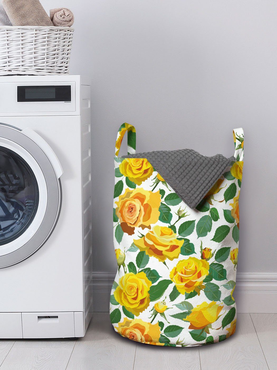 Gelb tonte für Griffen mit Kordelzugverschluss Abakuhaus Blühen Rose Wäschekorb Pattern Wäschesäckchen Waschsalons,