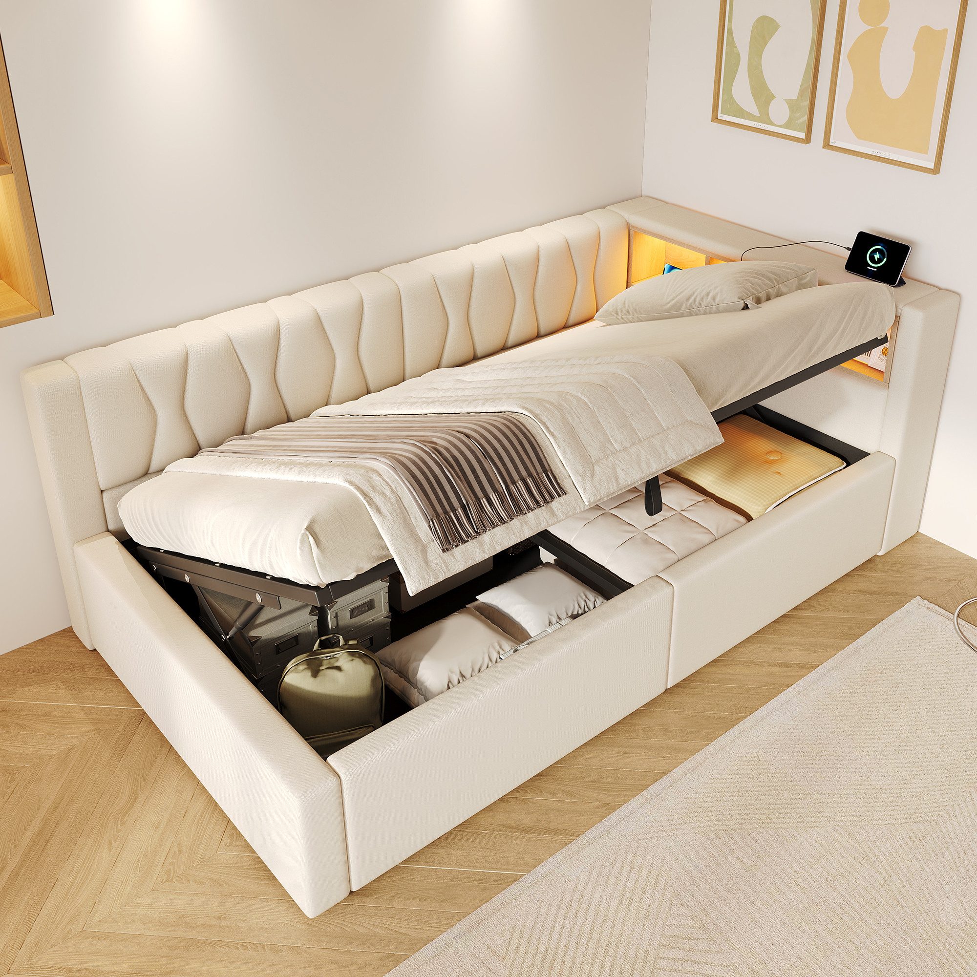 SOFTWEARY Schlafsofa mit RGB LED-Streifen und Stauraum, mit Lattenrost, Regal, Rückenlehne, Aufbewahrung, Type-C und USB, Polsterbett, Einzelbett, Tagesbett, Daybett, 90x200 cm, Leinen