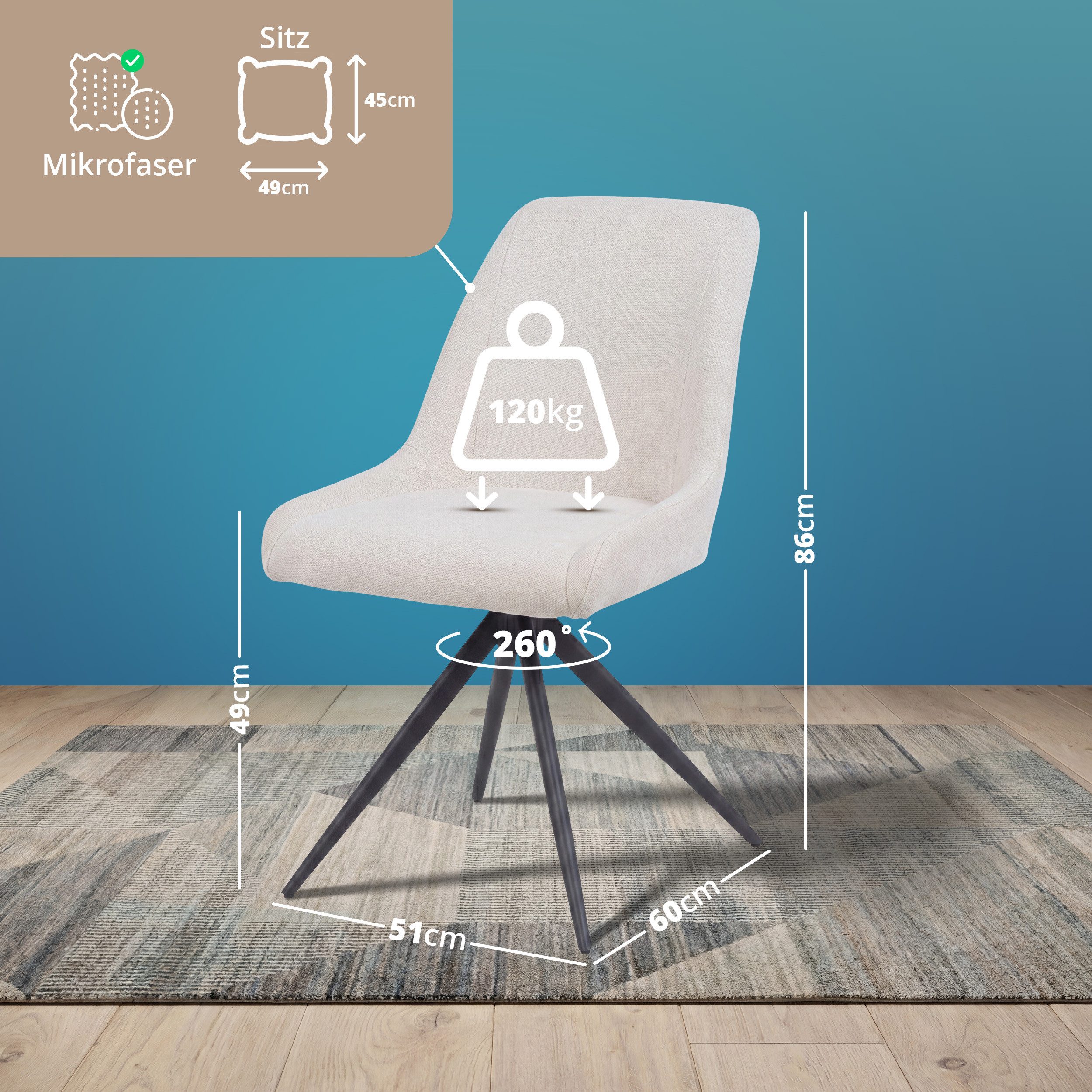 KHG Esszimmerstuhl Küchenstuhl Beige, bis 120 kg belastbar, Industrial Look (Indoor-Stuhl Mikrofaser), 260° drehbar mit Auto-Return-Funktion