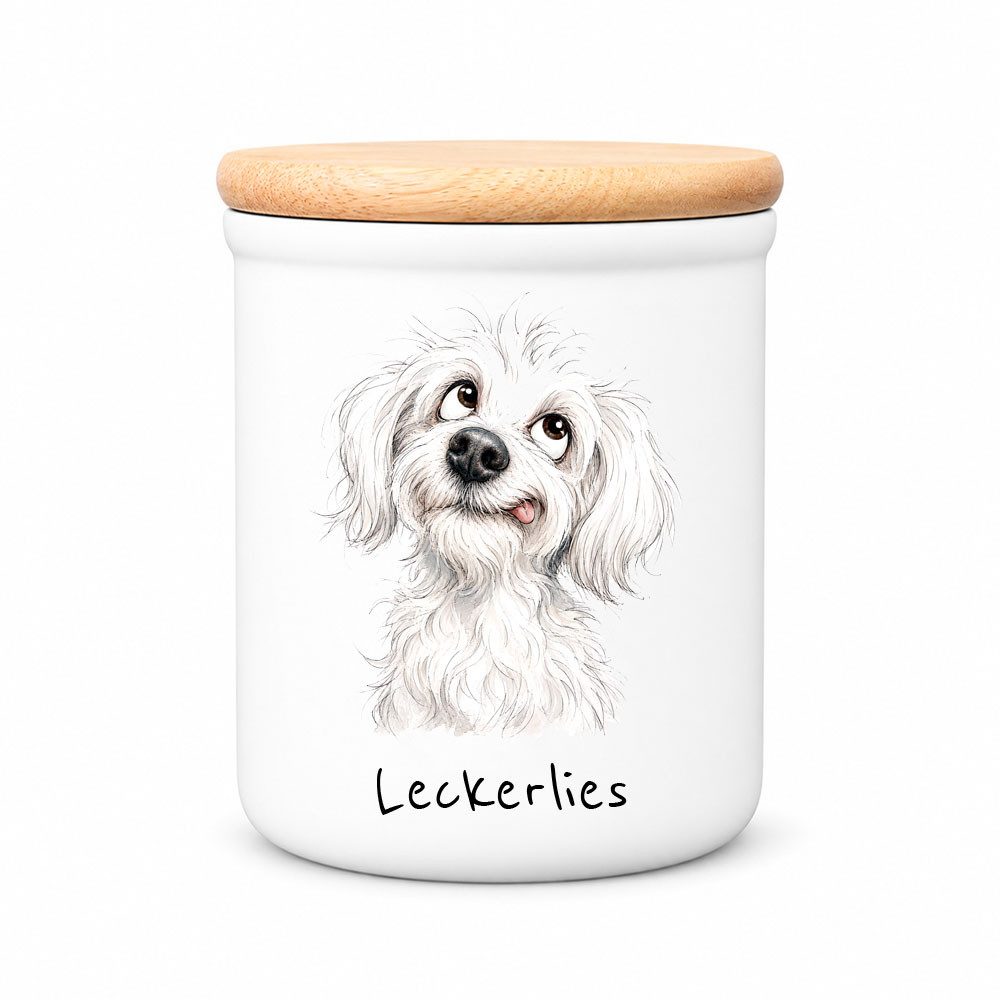 Cadouri Vorratsdose MALTESER - Leckerlidose Hund - für Hundekekse, Keramik, (Leckerlidose mit Hunderasse, 2-tlg., 1x Keramikdose mit Holzdeckel), Hundekeksdose, handgefertigt in Deutschland, für Hundebesitzer, 400 ml