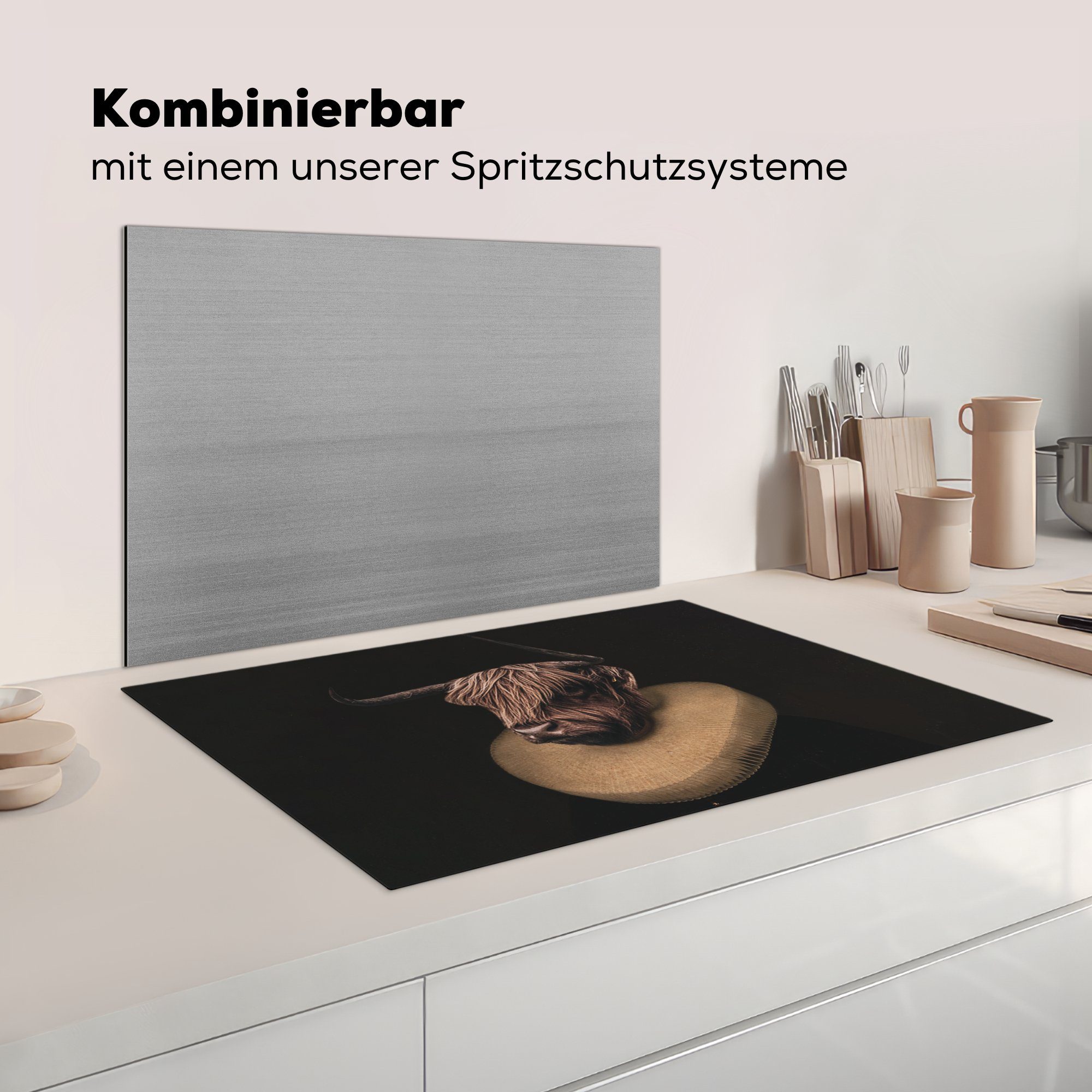 Schottische - Highlander MuchoWow Schutz Vinyl, Alte küche, die 81x52 cm, Induktionskochfeld Kunst, Ceranfeldabdeckung (1 Herdblende-/Abdeckplatte Meister tlg), für -