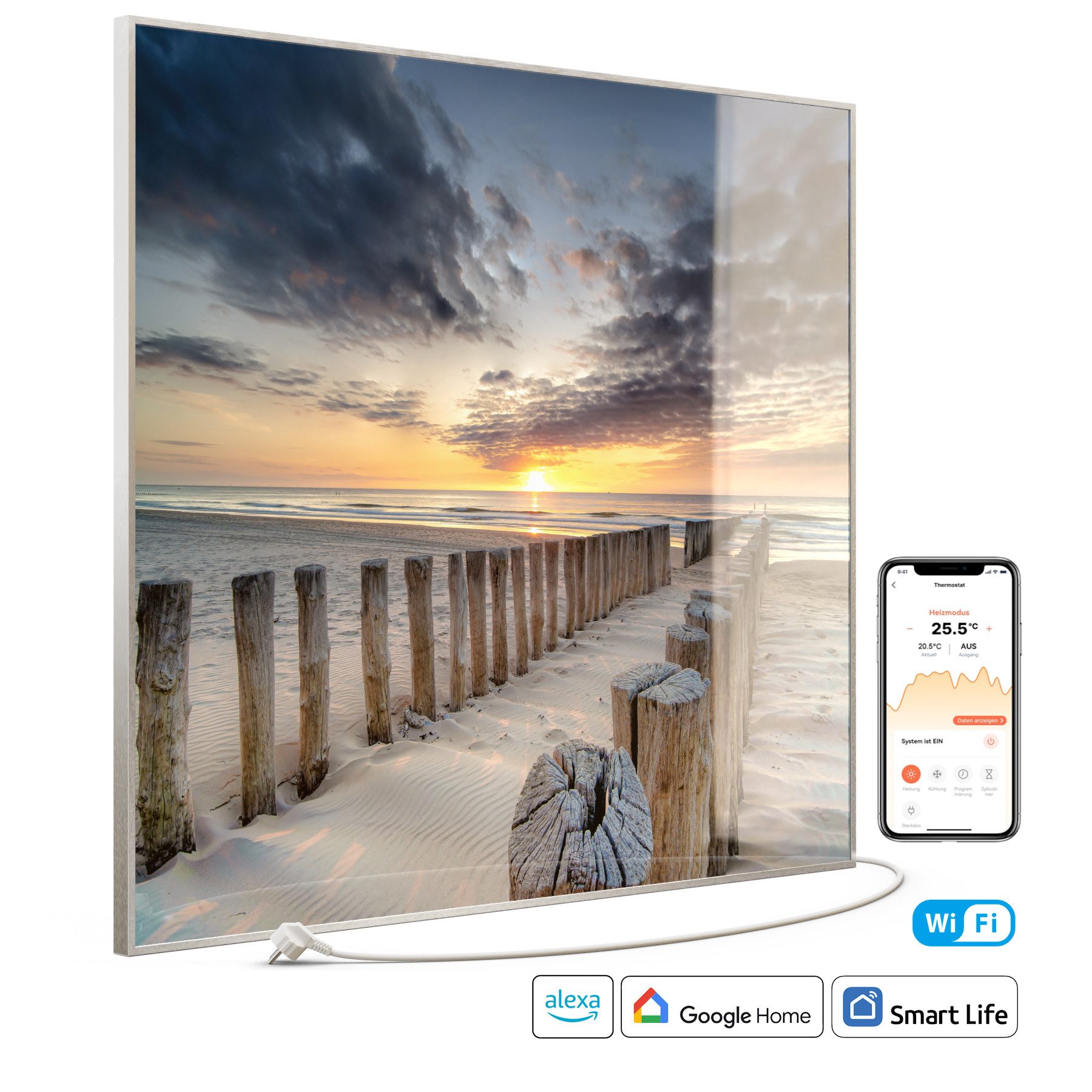 STEINFELD Heizsysteme Infrarotheizung Glas-Bild 1200W, 114x100cm, Made in Germany, 7 Jahre Garantie, mit Thermostat, Silber