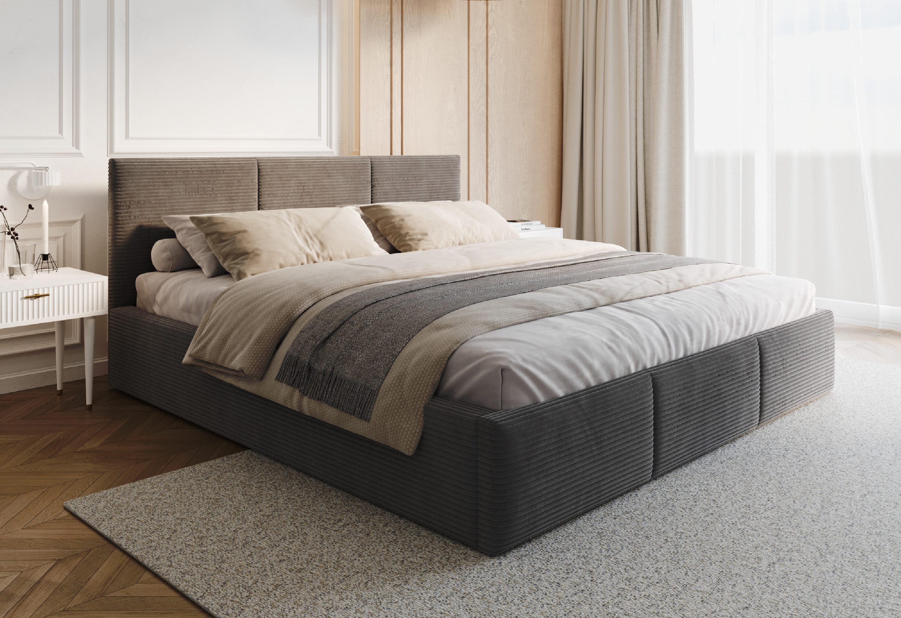 FDM Polsterbett AMBER modern mit Bettkasten MADE IN EU - mit Cord Bezug (verfügbar 90x200 120x200 140x200 160x200 180x200cm, Bettrahmen, Bett, mit großen gepolsterten Kopfteil, mit Bettkasten zum aufklappen), Hebbarer Metallrahmen, Bettkasten, mit/ohne Matratze