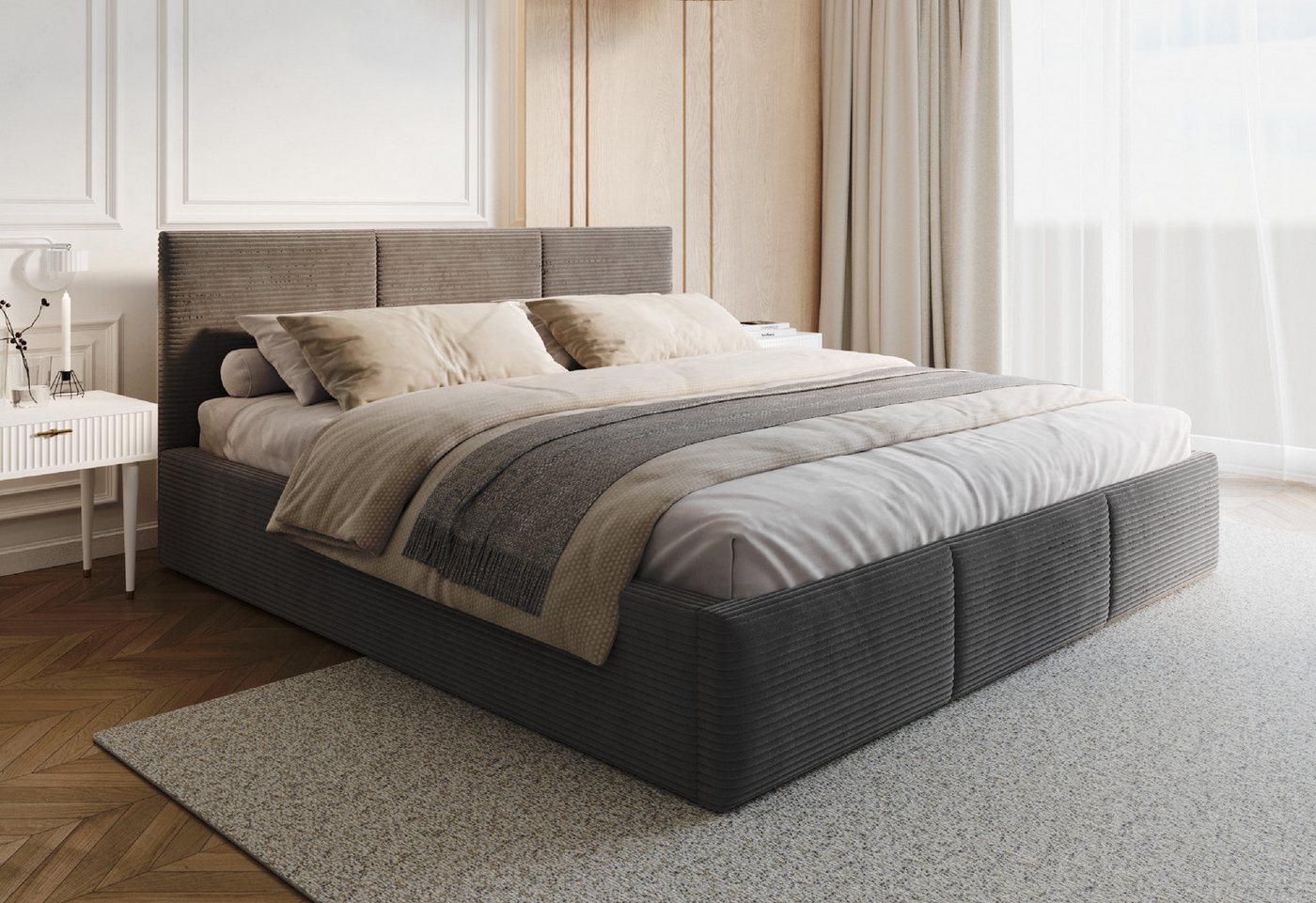 FDM Polsterbett AMBER modern mit Bettkasten MADE IN EU - mit Cord Bezug (verfügbar 90x200 120x200 140x200 160x200 180x200cm, Bettrahmen, Bett, mit großen gepolsterten Kopfteil, mit Bettkasten zum aufklappen), Hebbarer Metallrahmen, Bettkasten, mit/ohne Ma