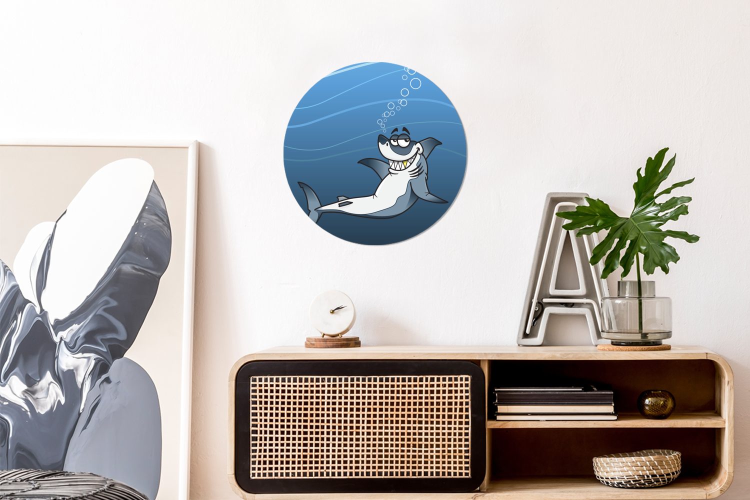 MuchoWow Wandsticker Eine lachenden Tapetenaufkleber, im Meer Hais (1 eines Illustration Tapetenkreis St), Kinderzimmer, für weißen Rund, Wohnzimmer