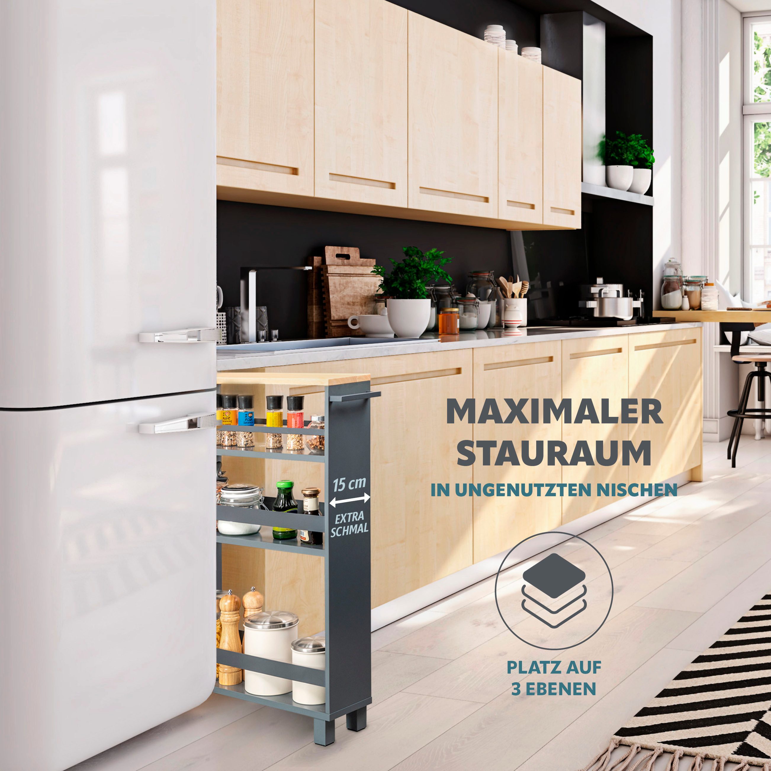 eluno Küchenwagen Küchen-Nischenwagen, Bad-Organizer mit 3 Ebenen, Holz, gr günstig online kaufen