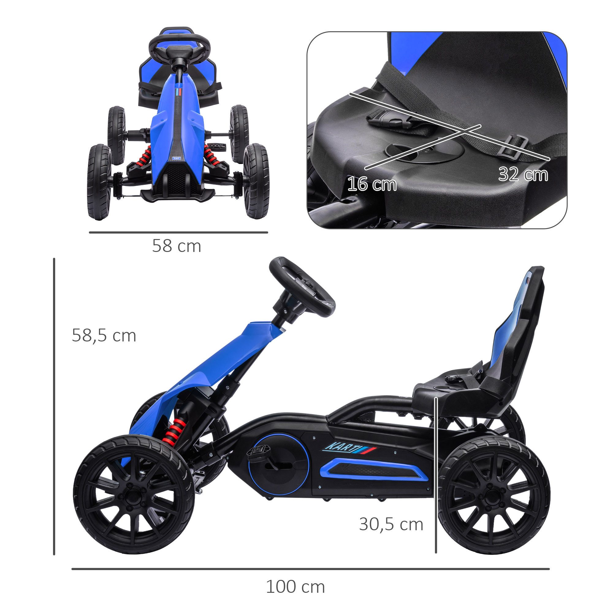 HOMCOM Go-Kart Tretauto mit Handbremse, verstellbarem Sitz, Tretfahrzeug, für Kinder, Blau – Bild 3 von 5
