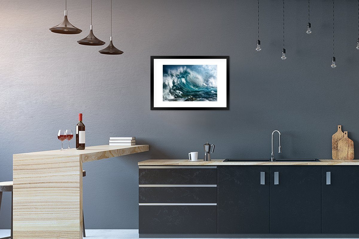 Poster mit St), (1 Rahmen, Meer - Bilderrahmen Wasser, Kunstdruck, Gerahmtes Schwarzem - Golf Poster, MuchoWow