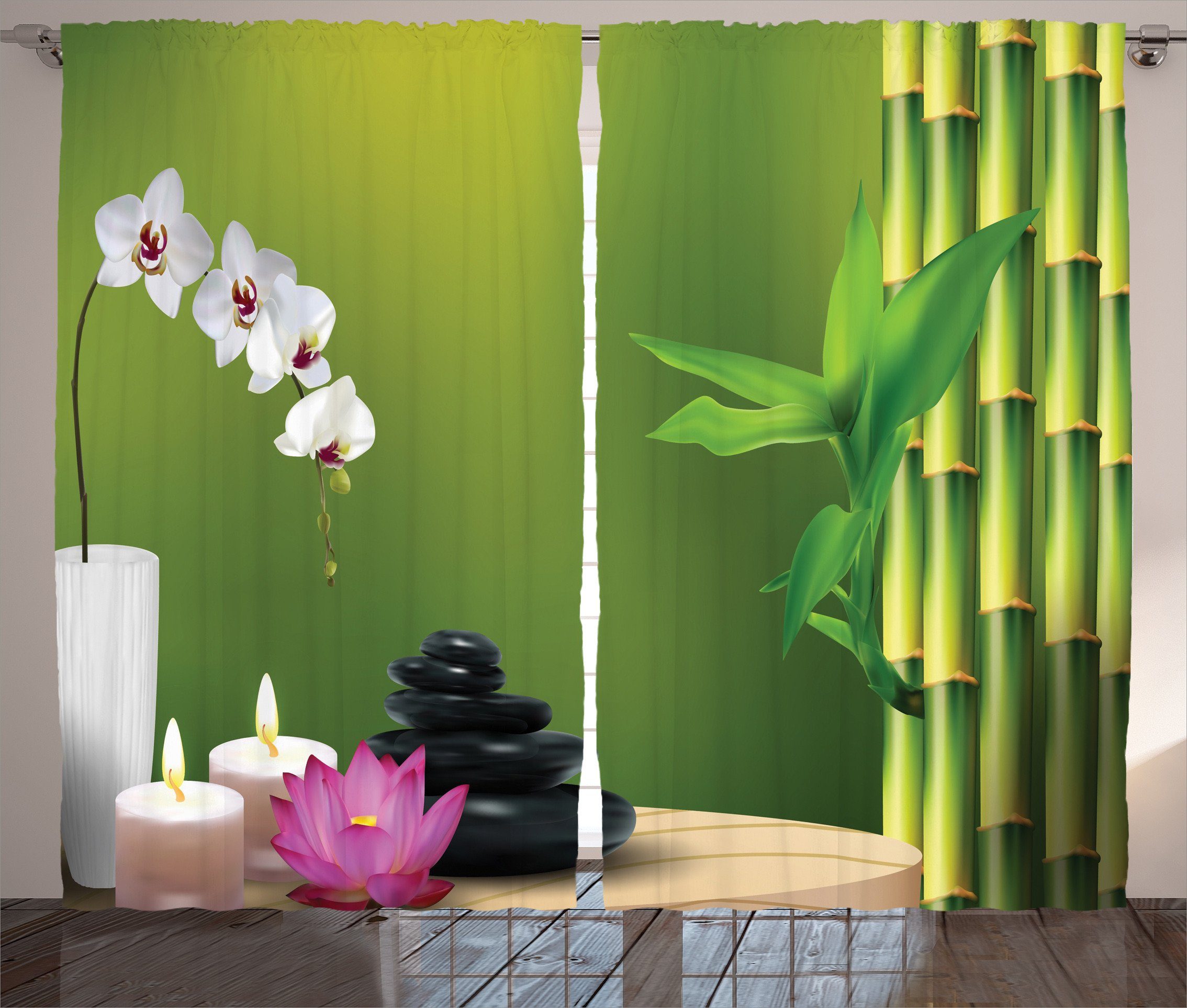 Gardine Schlafzimmer Kräuselband Vorhang mit Schlaufen und Haken, Abakuhaus, Spa Bambus Blume Orchid Stein