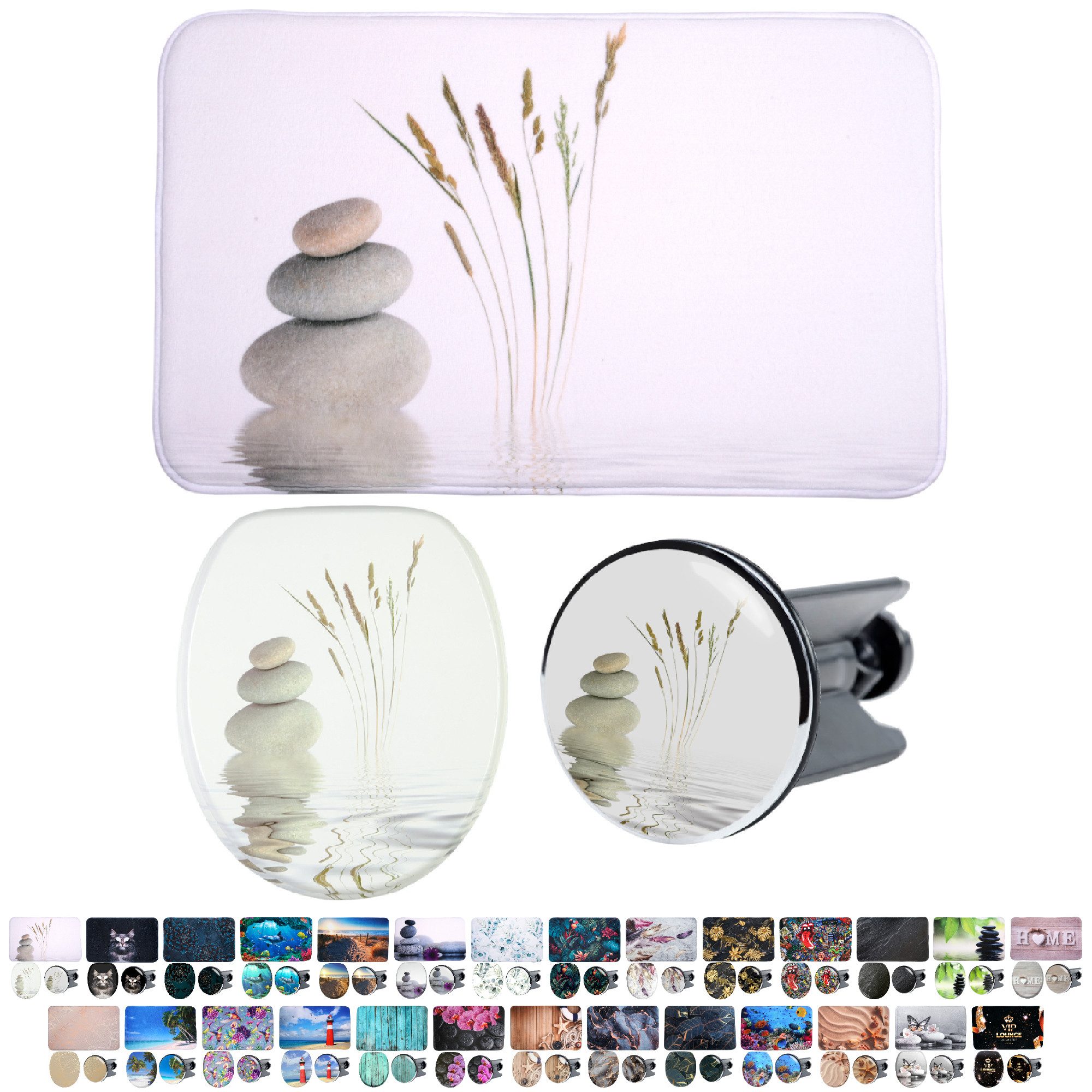 Sanilo Badaccessoire-Set 3-teilig mit Motiv, viele schöne Sets zur Auswahl, WC-Sitz mit Absenkautomatik, Badteppich 70 x 110 cm, Waschbeckenstöpsel, 3 tlg., 3-teilig, hochwertig & modern, universell, leichte Montage