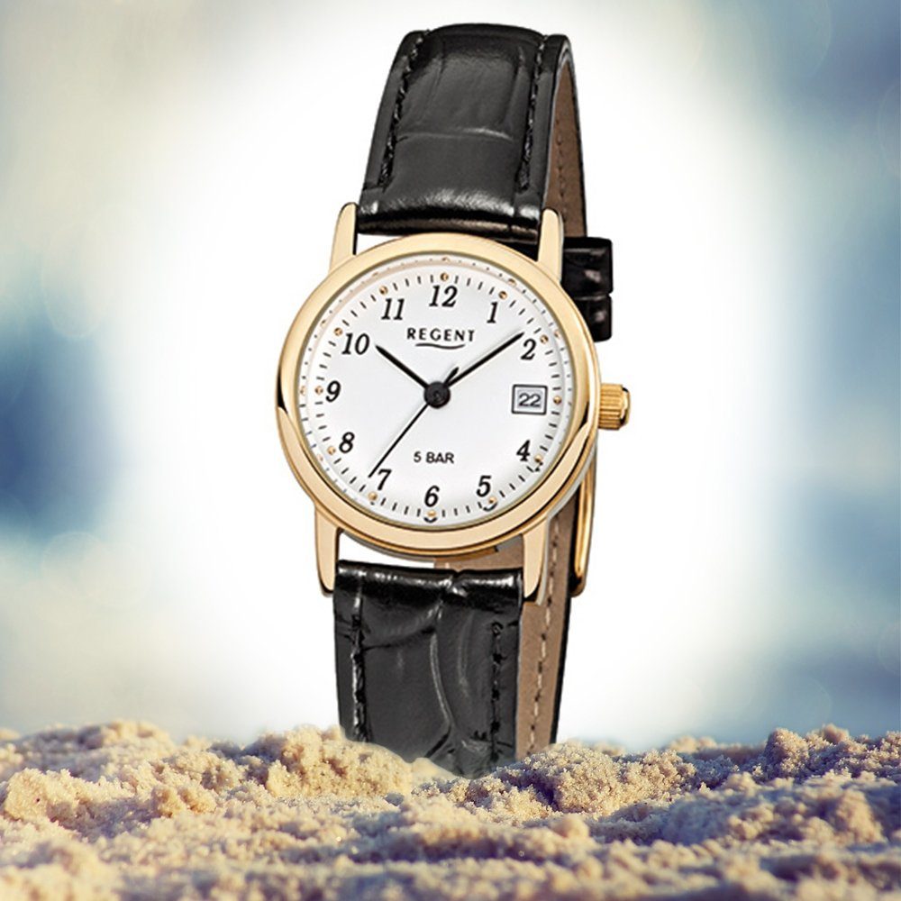Damen Regent Lederarmband Armbanduhr schwarz Quarzuhr Regent klein 25mm), Damen-Armbanduhr (ca. Analog, rund,