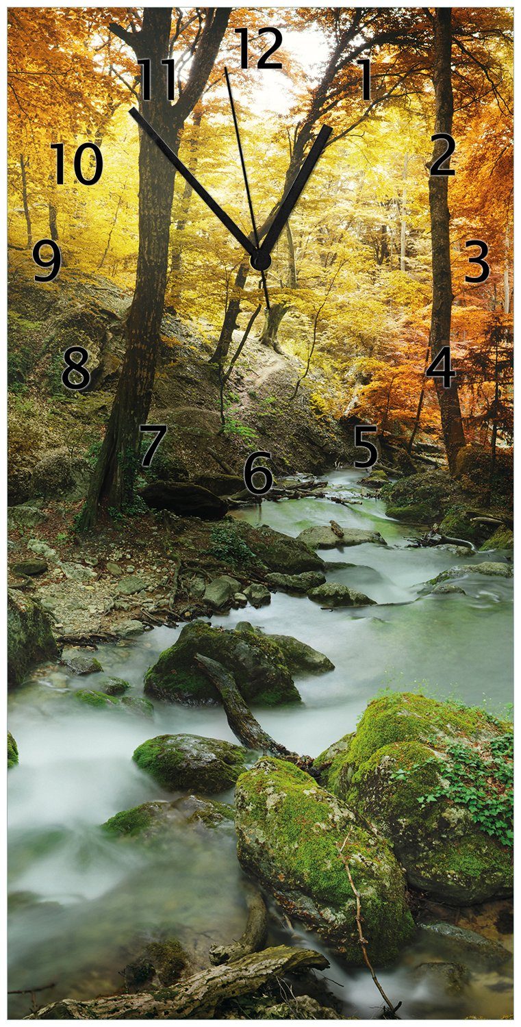 Wallario Wanduhr Wasserfall mit moosbedeckten Steinen im Herbstwald (Uhr aus Acryl)