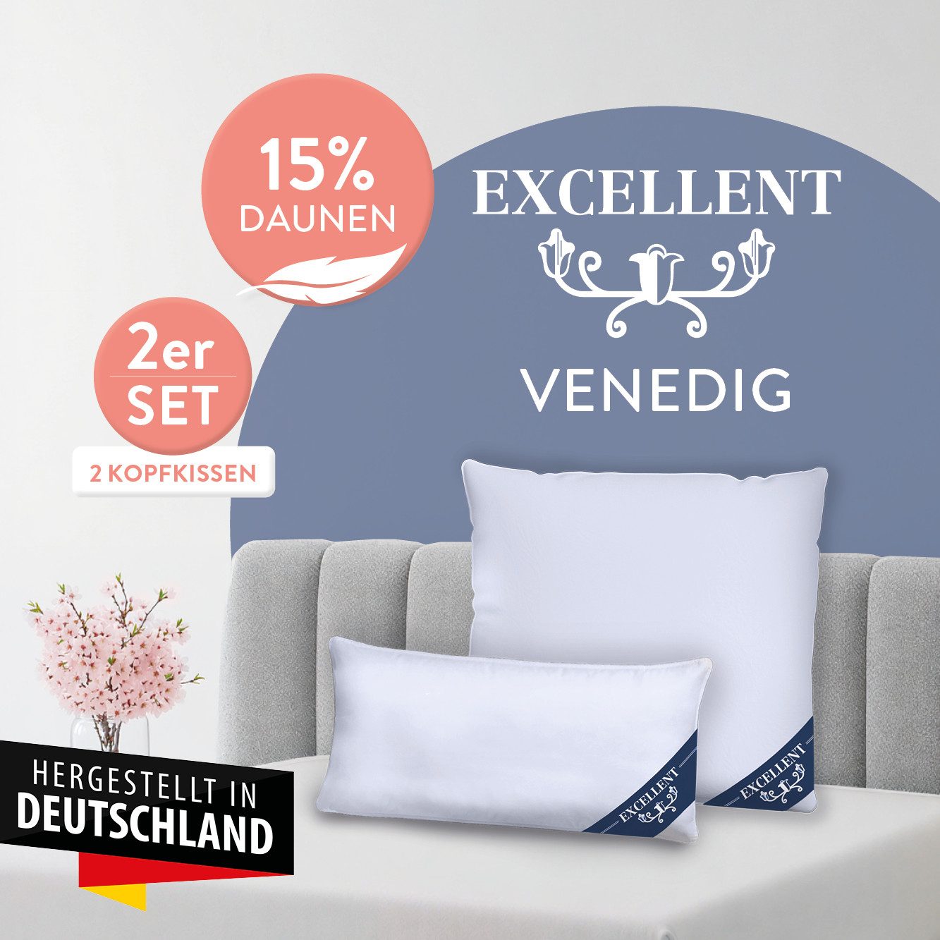 Excellent Kopfkissen Venedig, Kuschel- oder Kopfkissen 1-tlg. oder 2 -tlg., Füllung: 85% Federn / 15% Daunen, Bezug: 100% Baumwolle, Seitenschläfer, Rückenschläfer, 2 Kopfkissen, Deko- oder Kopfkissen in vielen Größen