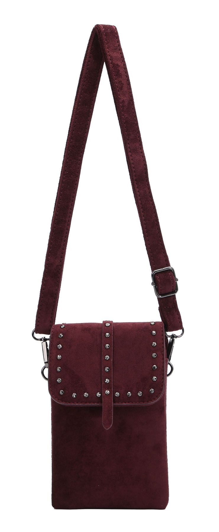 ITALYSHOP24 Umhängetasche Damen Tasche Crossbody Nieten Smartphone Umhängetasche Wildleder-Optik (Spar-Set Clutch-Tasche mit einem breitem Stoffgurt/Umhängeband, Wildleder-Optik), Bodybag Handytasche Freizeit Handtasche Crossover Geldbörse Samt Reise