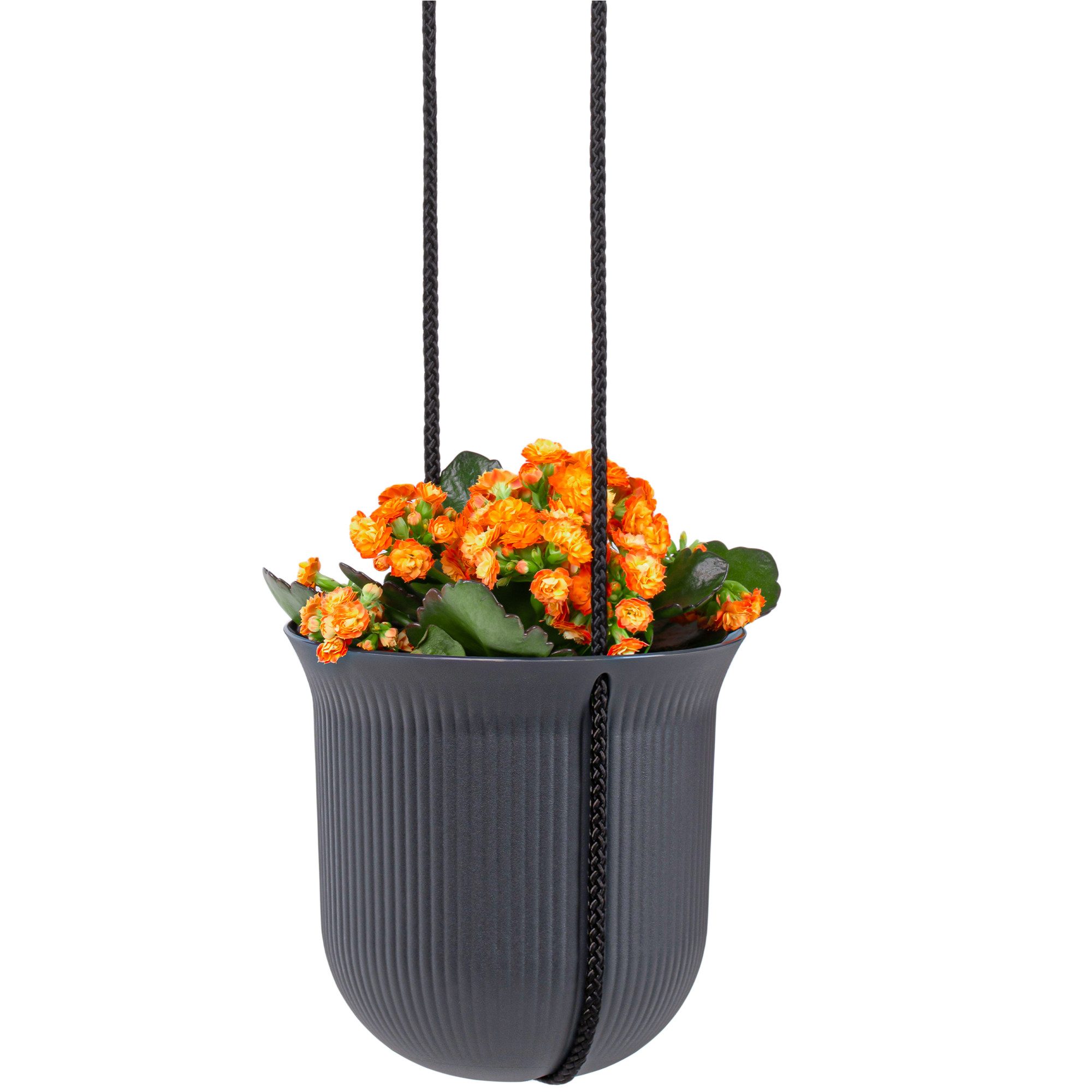 KONZEPT Blumenampel hängend, Ø 18 cm, 3-in-1 Set mit Topf, Halterung und Schnur, Rippen-Look, Aus Kunststoff, Wetter- & UV-beständig, Leicht