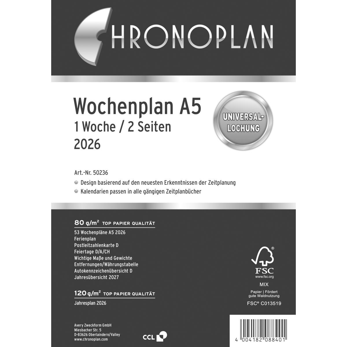 CHRONOPLAN Terminplaner Wochenplan A5 1 Woche/2 Seiten Kalendarium 2026.
