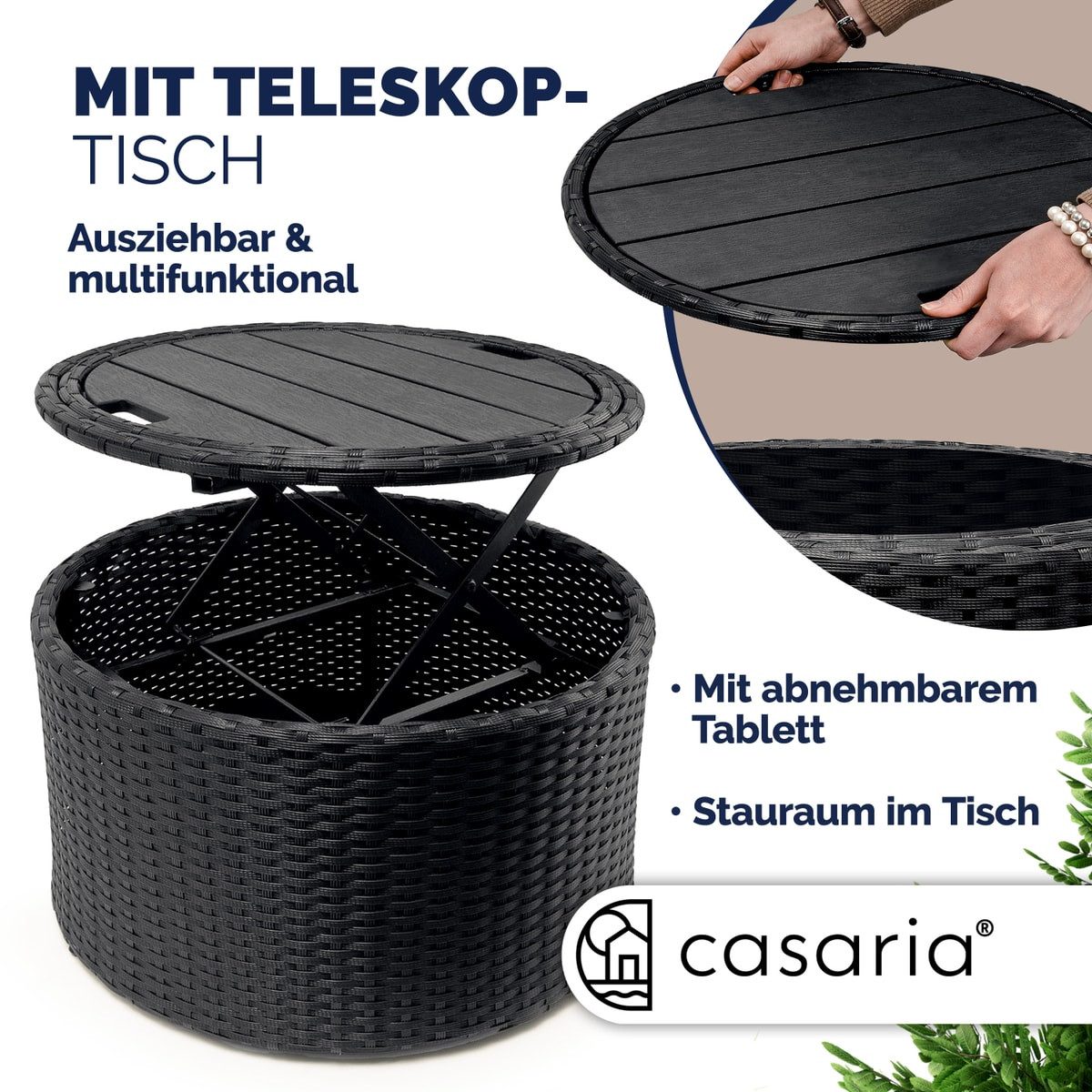 Casaria Sonneninsel Schwarz, 185cm Sonnenliege Polyrattan mit Tisch Wetterfest Kissen Gartenliege