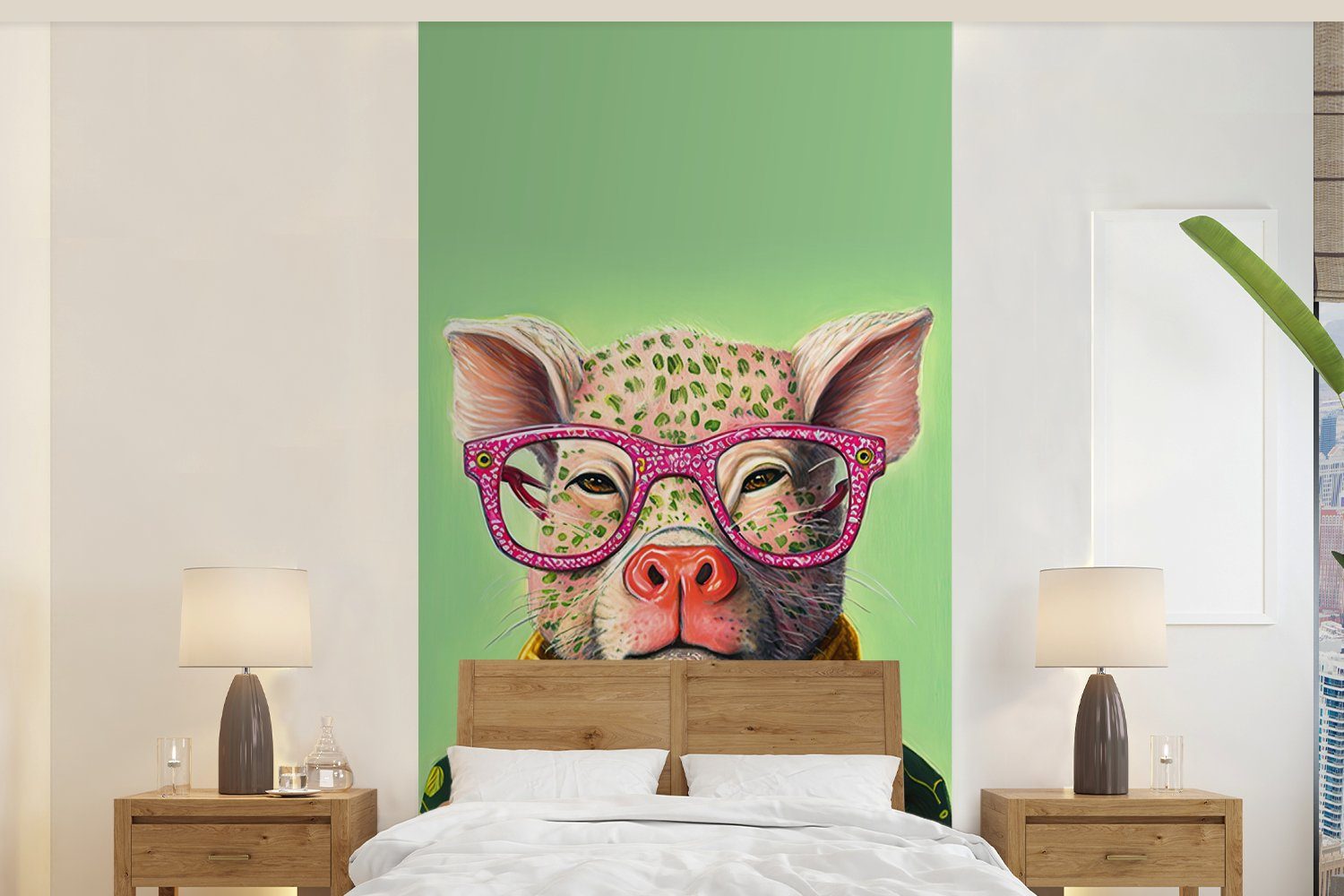 MuchoWow Fototapete Brille - Rosa - Schwein - Blumen - Tier, Matt, bedruckt, (2 St), Vliestapete für Wohnzimmer Schlafzimmer Küche, Fototapete