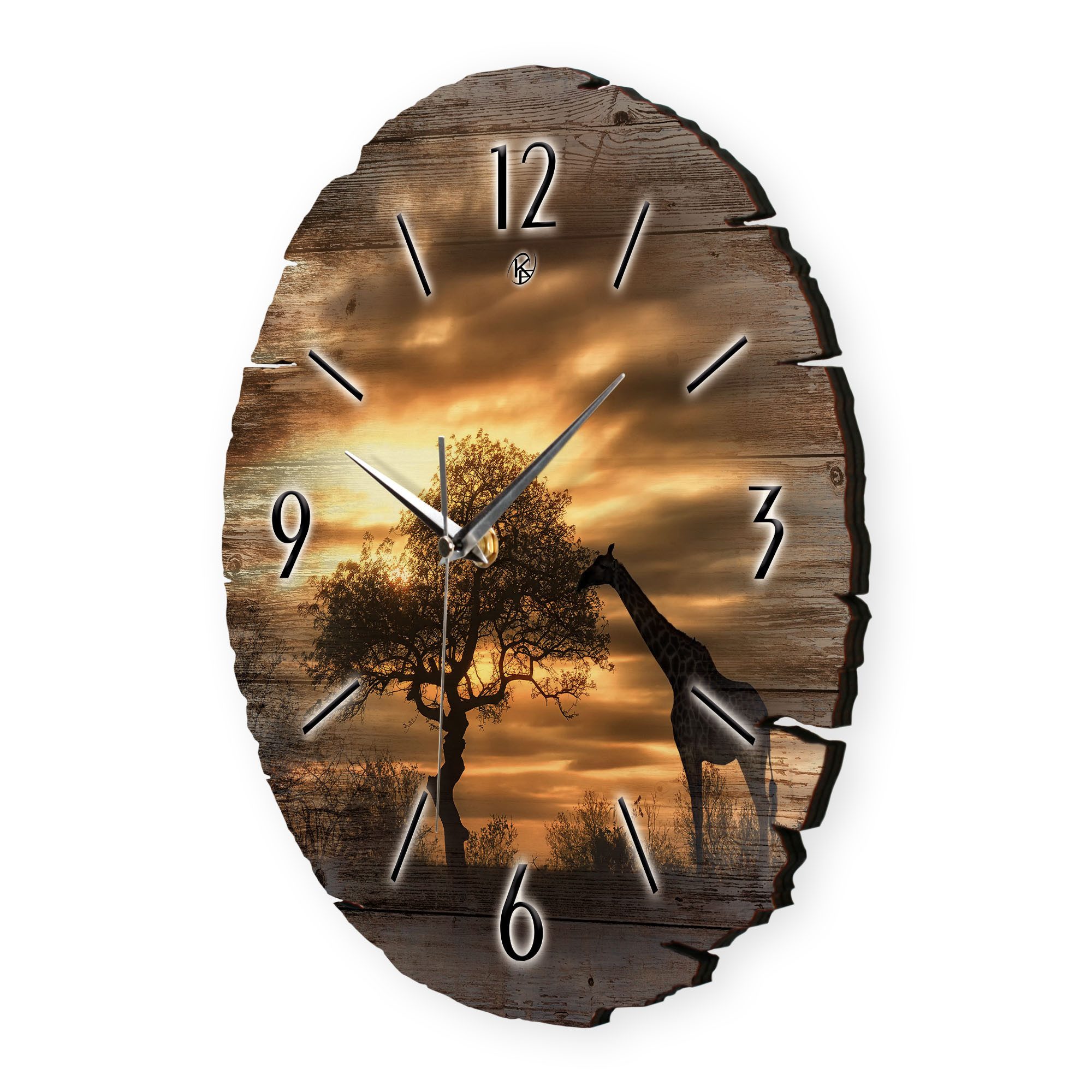 Kreative Feder Wanduhr Wanduhr "Giraffe in Afrika" aus Naturholz (ohne Ticken; Funk- oder Quarzuhrwerk; ⌀ 30cm; außergewöhnlich)