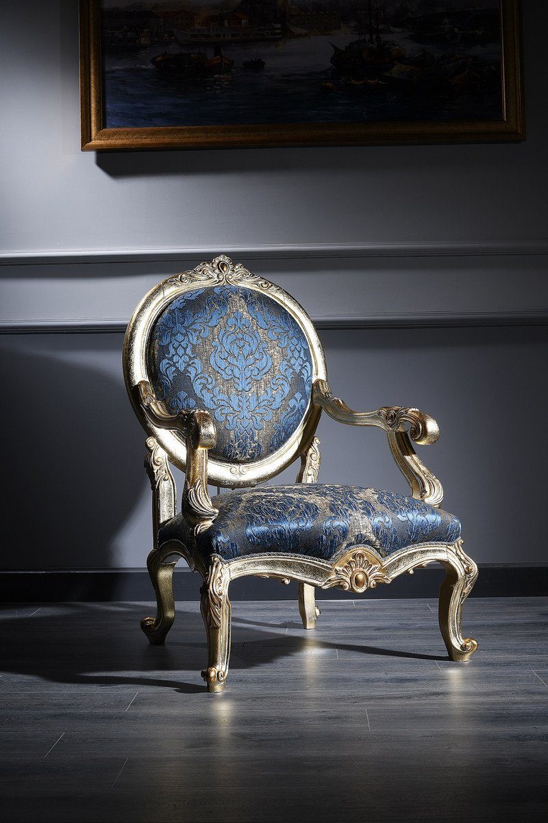 Casa Padrino Besucherstuhl 65 x cm H. Stuhl - Salon Antik 85 Dunkelblau 120 Barockmöbel x Barock / Gold Luxus