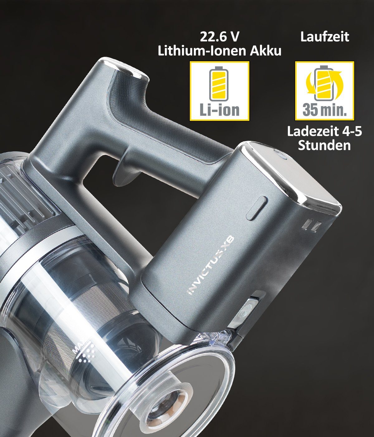 Genius Akku-Bodenstaubsauger INVICTUS X8 Lithium-Ionen Akku, Lithium-Ionen Akku, Laufzeit 35 min (nur Modell Invictus X8)