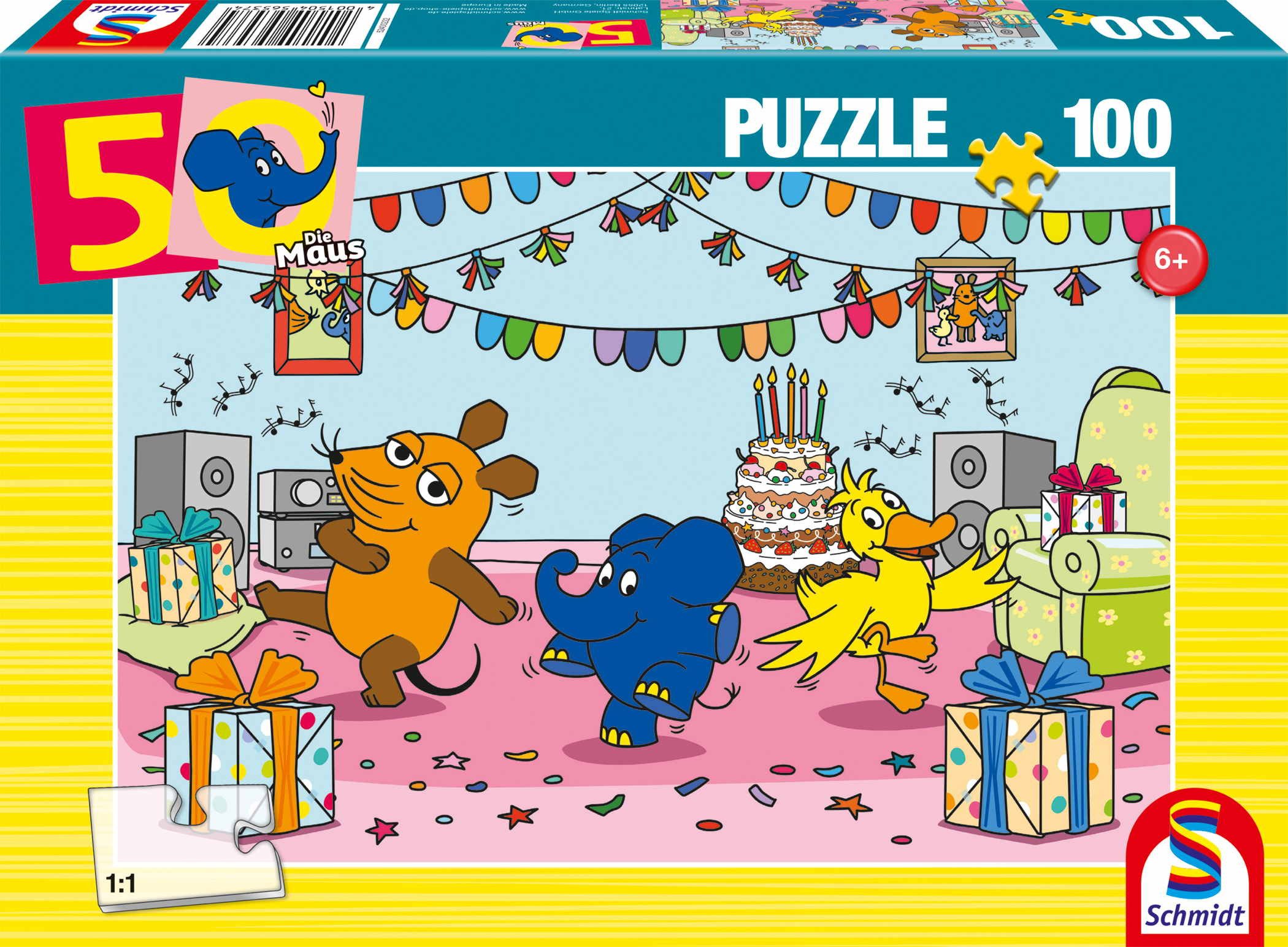 Schmidt Spiele Puzzle 100 Teile Puzzle Die Maus 50 Jahre Elefantastische Party 56537, Puzzleteile