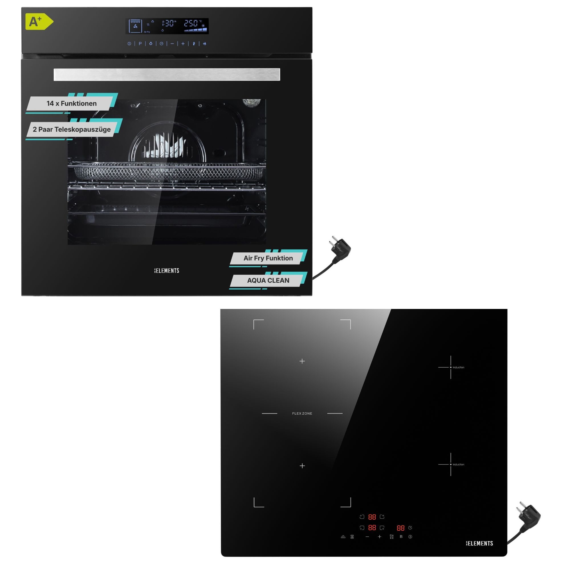 KB Elements Induktions Herd-Set Einbaubackofen 60 cm mit 4-Zonen Induktionskochfeld 60cm, mit 2-fach-Teleskopauszug, AQUA CLEAN, Backofen Full Touch mit 15 Funktionen, Schuko-Anschluss (EU-Stecker)