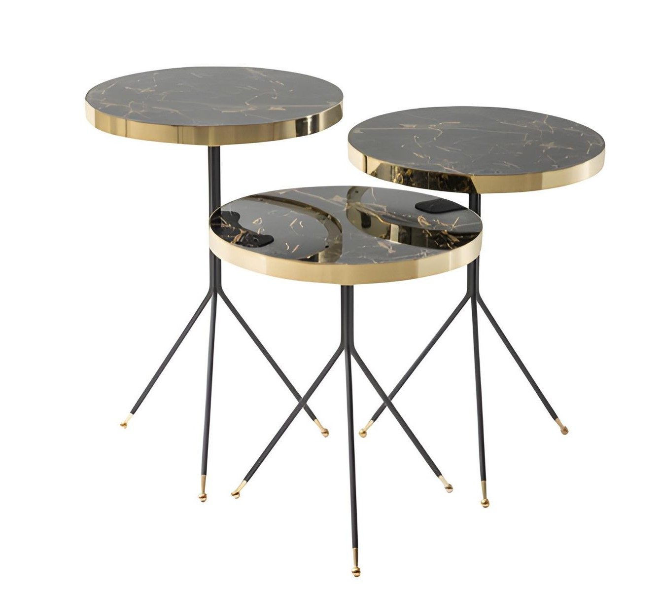 Xlmoebel Beistelltisch Elegante Tische mit schwarzer Platte und goldener Umrandung (3er-Set, 3-St., Maße Beistelltisch 1; Maße Beistelltisch 2; Maße Beistelltisch 3), Made in Europa