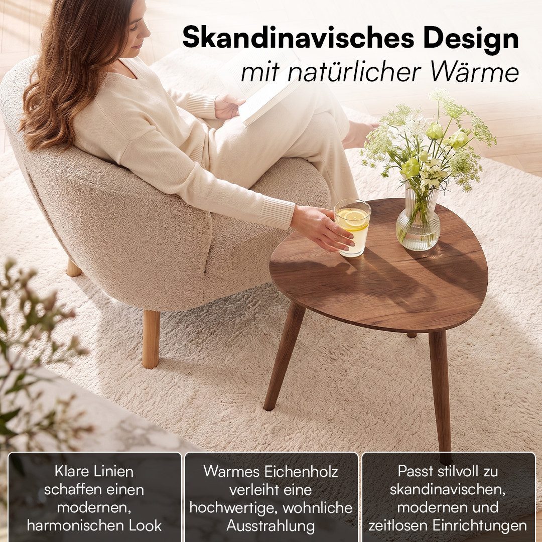 skølm Couchtisch Lodur aus Eiche Massivholz, Holztisch mit 3 Tischbeinen für Wohnzimmer, Wohnzimmertisch 55x38x45 cm, ovale Tischplatte