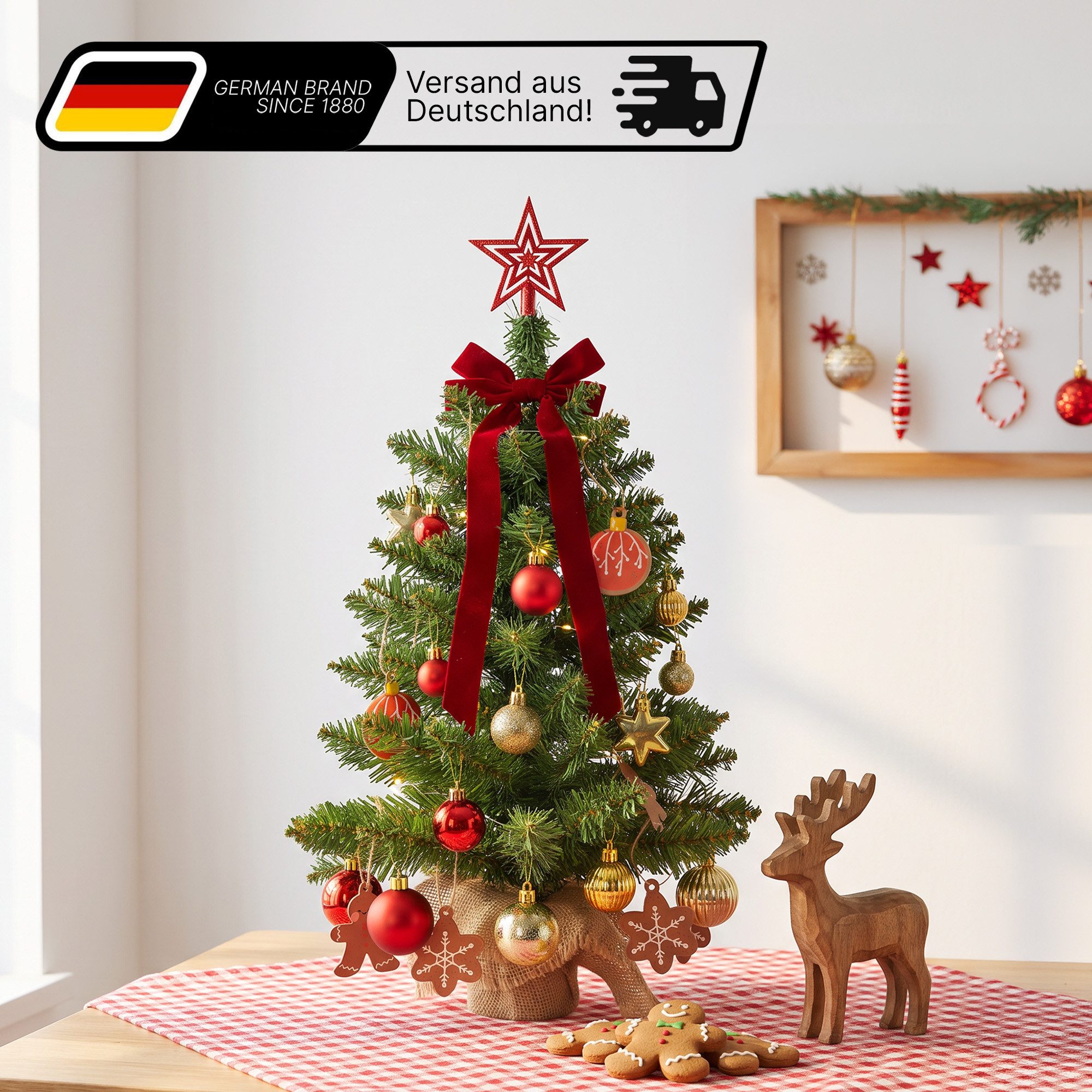 Lindenstein Echter Weihnachtsbaum Künstlicher Mini-Weihnachtsbaum aus PVC mit Holzständer, 60 cm, Nordmanntanne, Wiederverwendbar, vielseitig, pflegeleicht, umweltfreundlich