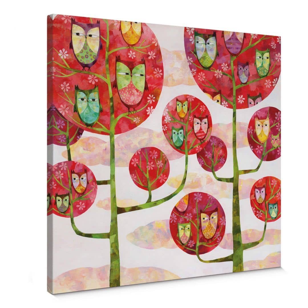 K&L Wall Art Leinwandbild Leinwandbild Kinderzimmer Märchen Blanz Waldtiere Eulen im Wald, Wanddeko Holz Bilderrahmen