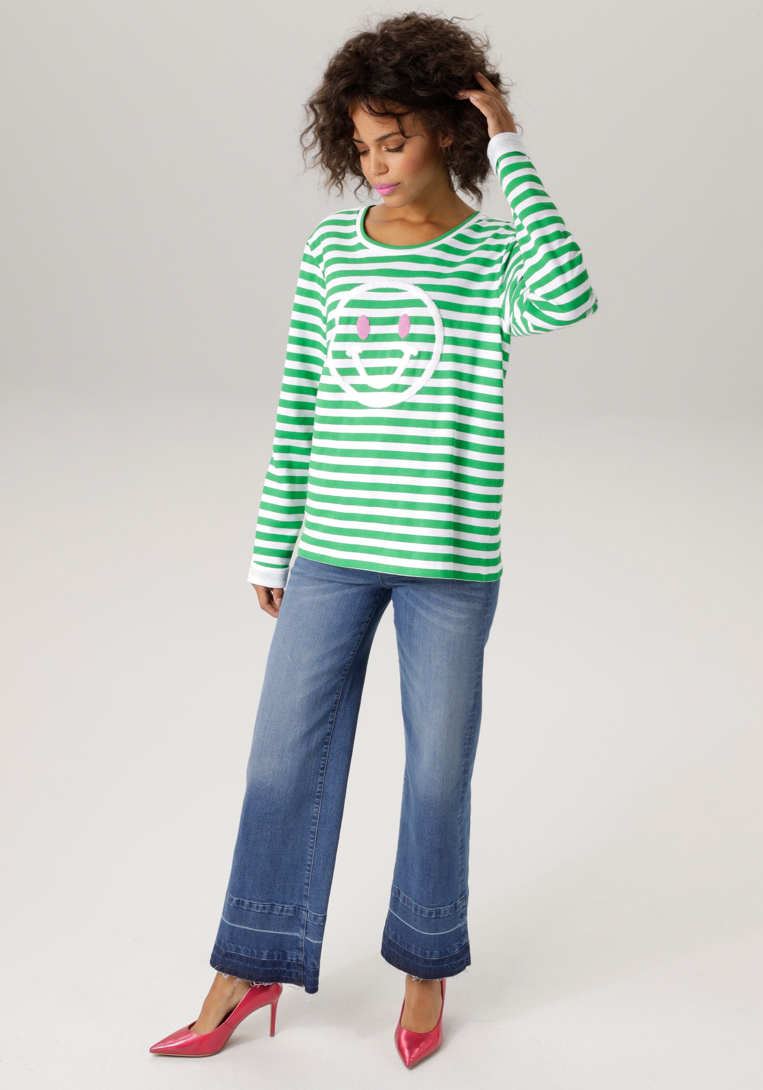 Aniston smaragd-weiß-wollweiß-rosa Sweatshirt fröhlicher mit CASUAL Smiley-Applikation